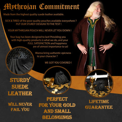 Mythrojan medieval leather pouch suede drawstring belt bag for larp, viking, renaissance cosplay, coin & jewelry waist purse (black, 3.8" x 3.8")