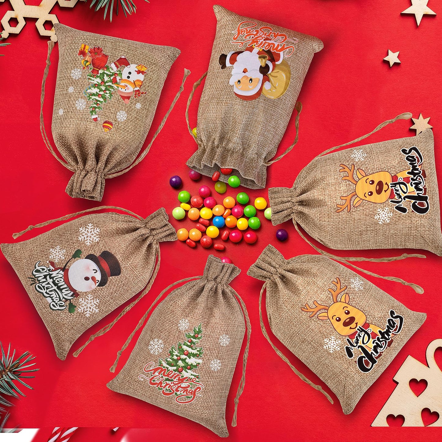 Christmas Small Burlap Bags with Drawstring, Burlap Gift Bags Christmas Linen Treat Sacks Gift Wrapping Bags Xmas Holiday Party Favors Bags(7x5 inch, 24 Pcs)