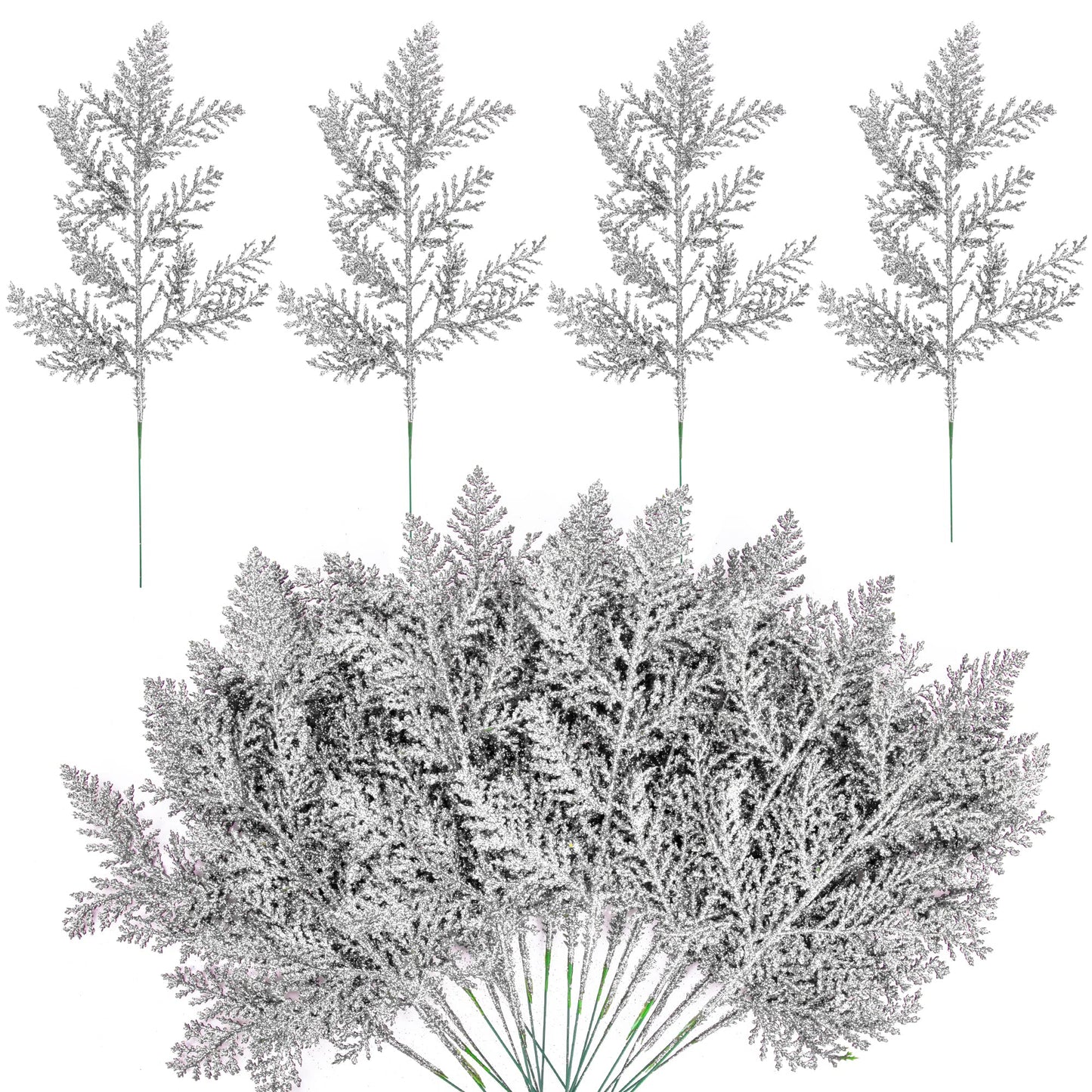 Watayo 30 PCS Glitter Artificial Pine Needles-10.6 Inch Fake Foliage Pine Stems Picks for DIY Garland Wreath Christmas Embellishing and Home Garden Decoration (Silver)