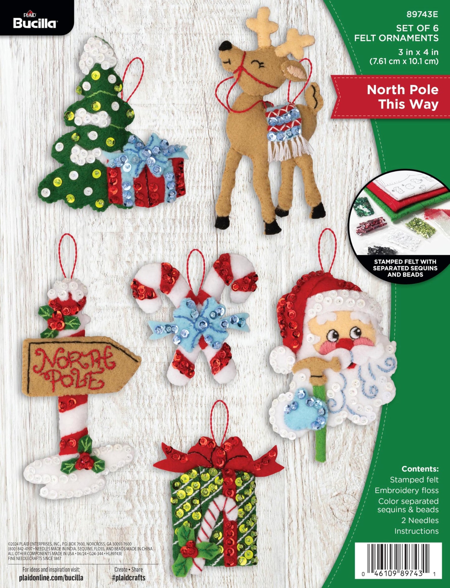 Bucilla, Felt Applique 6 Piece Ornament Making Kit, North Pole This Way, Perfect for DIY Arts and Crafts
