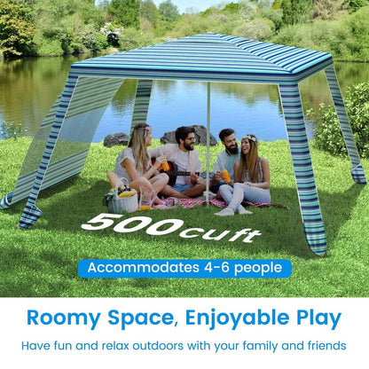 MoKo Beach Cabana, 8'×8' Large Beach Canopy with Side Wall, UPF 50+ Protection Easy Setup Beach Tent Sun Shelter, Adjustable Height Wind Resistant Cabana Beach Tent for Whole Family, Blue-Green Stripe