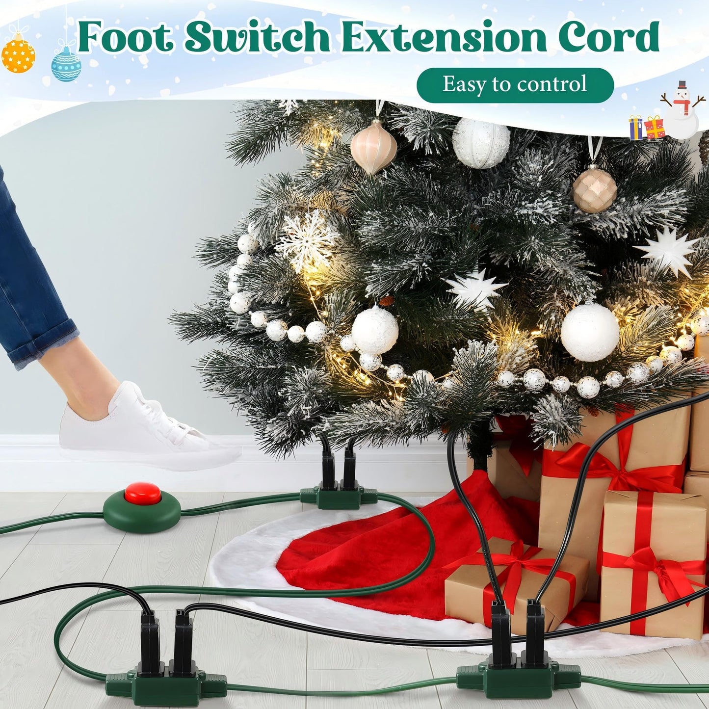 Enhon Indoor Lighted Foot Switch Extension Cord, Foot Switch Extension Cord Outdoor with Sticker, for Christmas Home Kitchen Holiday Decorations, Green(18 Outlets,24 ft)