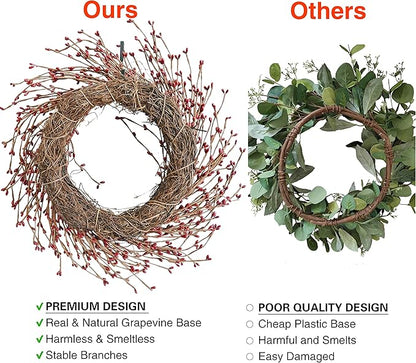 18 Inch Fall Front Door Wreath with Artificial Twig, Red & Burgundy Berry, Eucalyptus Leaves, Large Grapevine for Farmhouse Window Hanging Decor