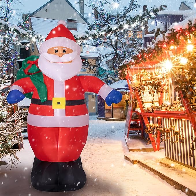 Sunnyglade 8 FT Christmas Inflatable Santa Outdoor Decorations Santa Claus with Green Gift Bag Blow Up Yard Xmas Decor Built-in LED Lights for Christmas Holiday Garden/Yard Decorations