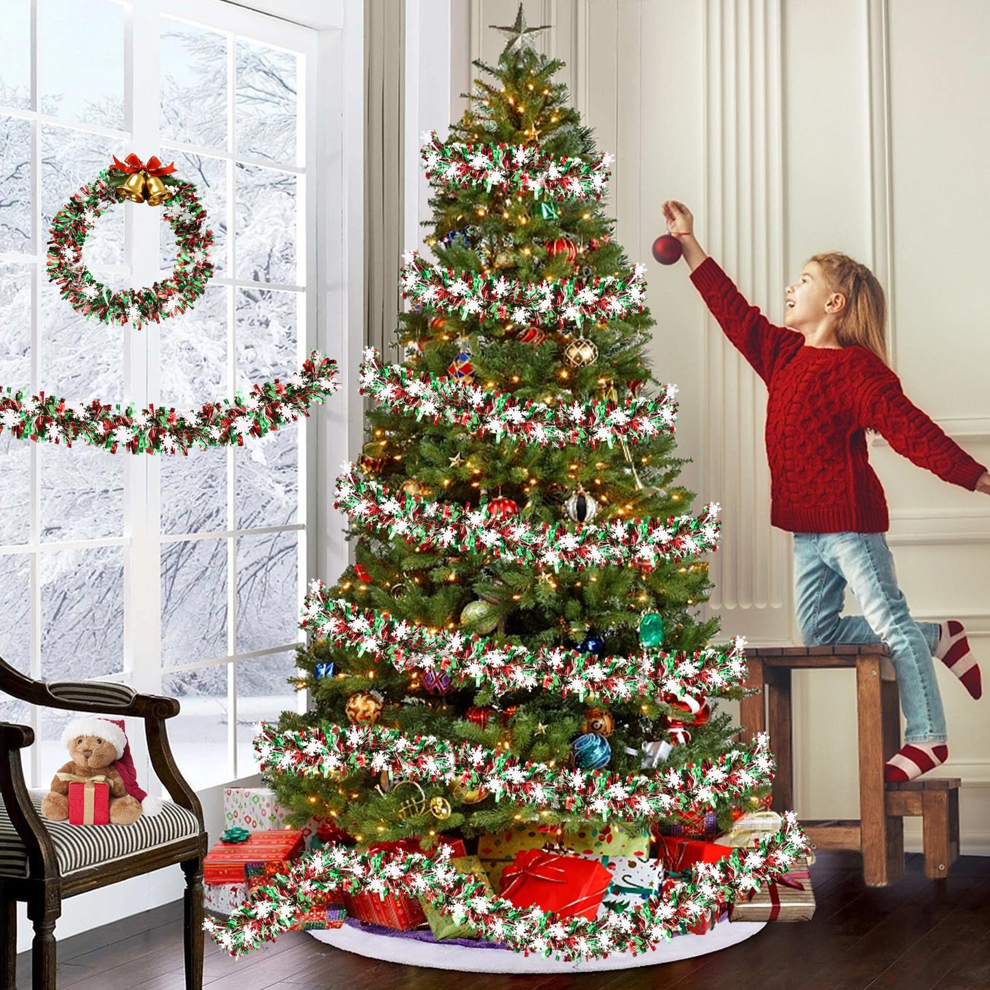 50FT Red Green White Christmas Tinsel Garland with Snowflake Ornaments Metallic Shiny Xmas Garland for Christmas Tree Decoration Holiday Hanging Garlands Indoor Outdoor Home Office Party Holiday Decor