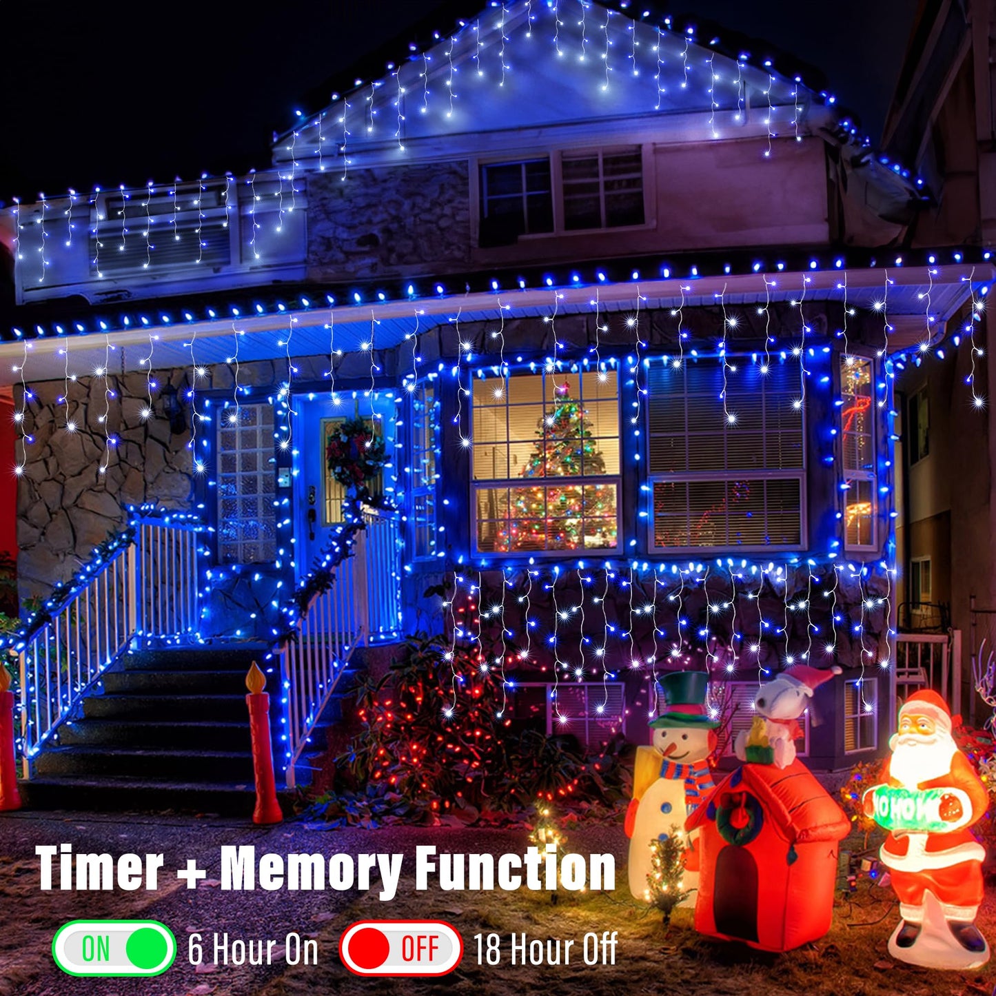 Joomer Christmas Icicle Lights - 33FT Plug in String Lights Waterproof, 8 Modes Timer Connectable Outdoor String Light for Christmas Party, Eaves, Roofs, Xmas Decorations (White+Blue)