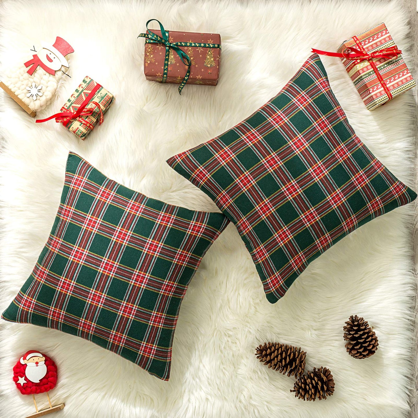 AQOTHES Pack of 2 Christmas Plaid Decorative Throw Pillow Covers Scottish Tartan Cushion Case for Farmhouse Home Holiday Decor Red and Green, 18 x 18 Inches