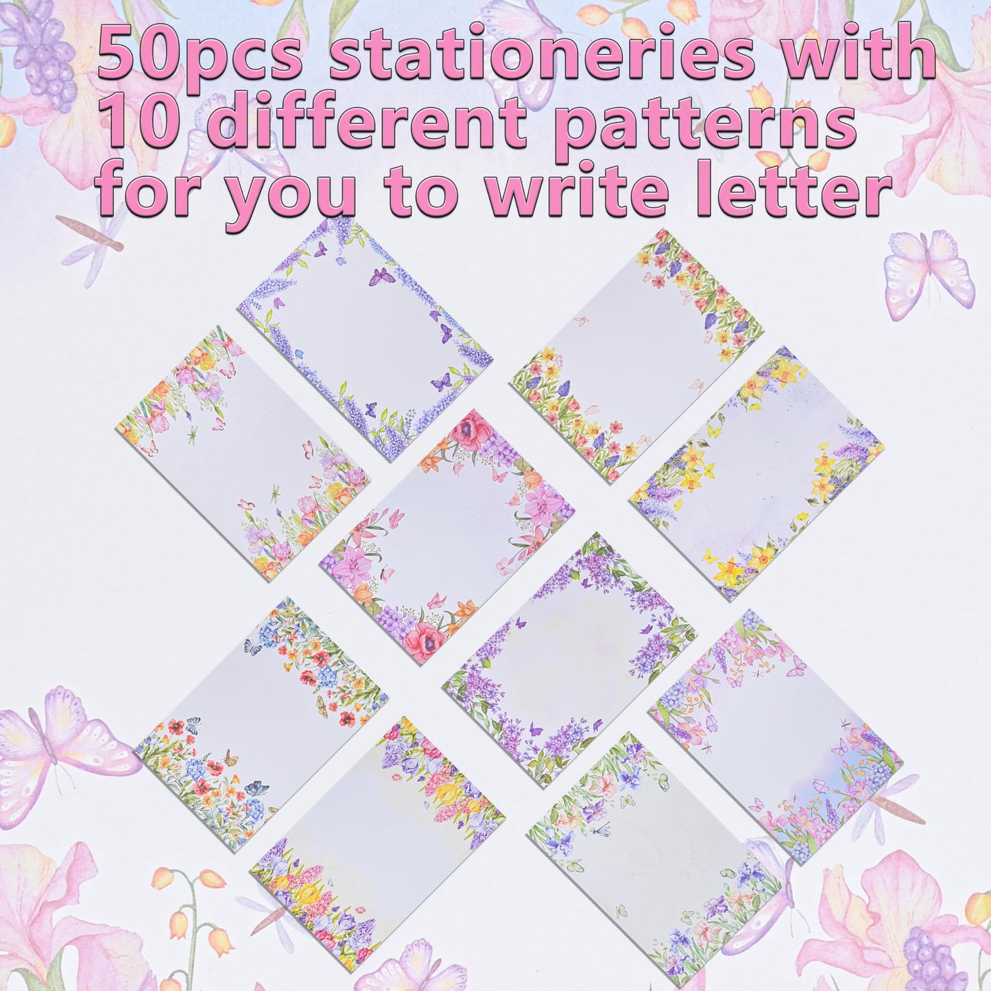 AUSTARK 160 Pieces Stationery Set (50 Pieces Stationery Paper 8.25 x 5.5 Inch, 50 Pieces Envelopes, 60 Sealed Stickers) for Letter Writing (Floral No-underline)