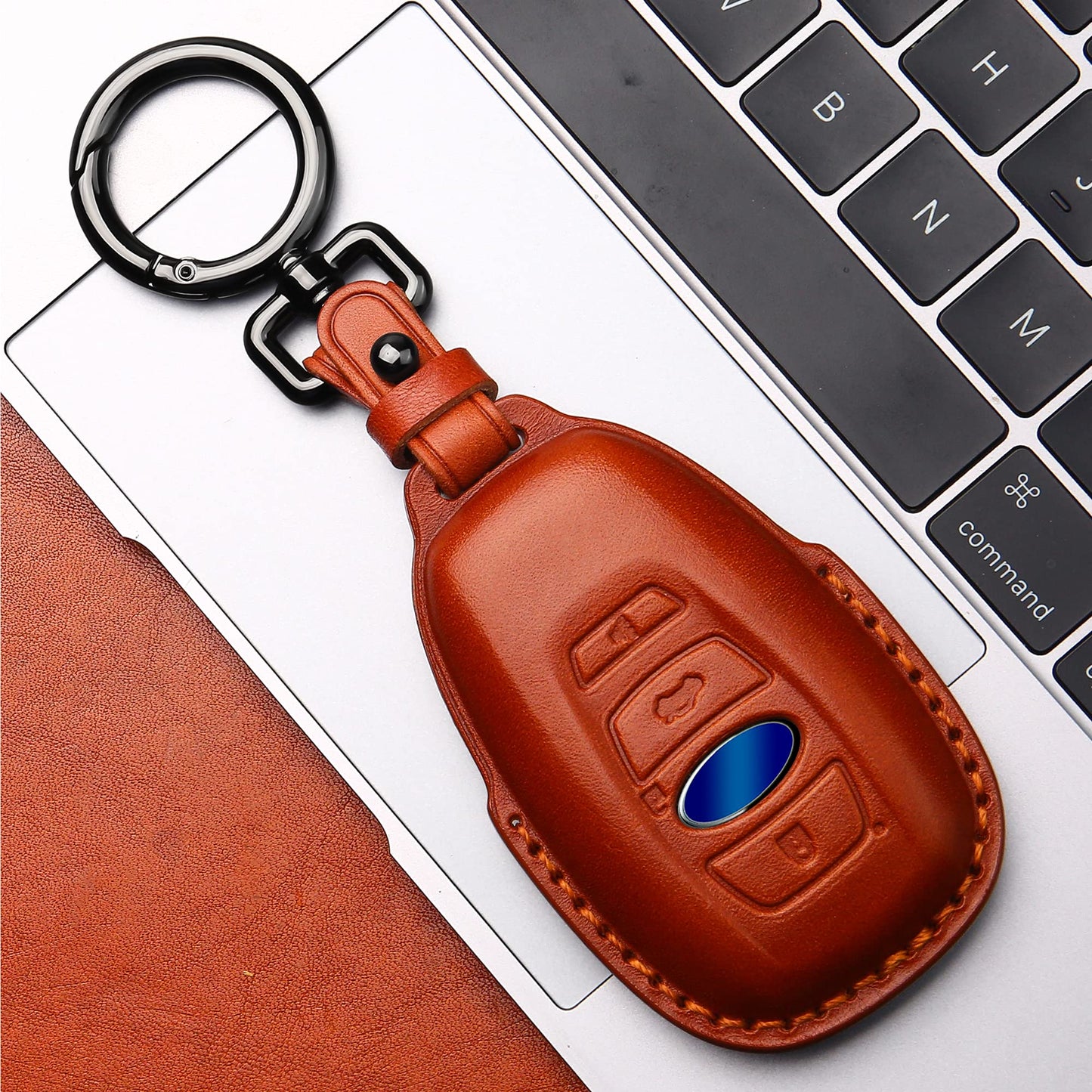Tukellen Compatible with Subaru Leather Key Fob Cover with Keychain Fit For WRX Outback Ascent Forester Crosstrek Legacy Impreza Smart Remote, Genuine Leather Case-Brown
