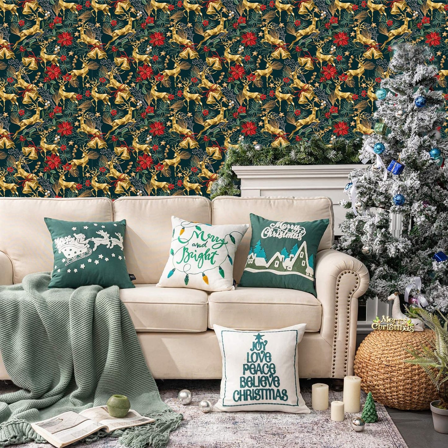 TOARTi Gold Elk Christmas Peel and Stick Wallpaper Dark Green Christmas Reindeer Contact Paper for Cabinets Drawer Xmas Self Adhesive Wallpaper for Winter Holiday Party Xmas Contact Paper
