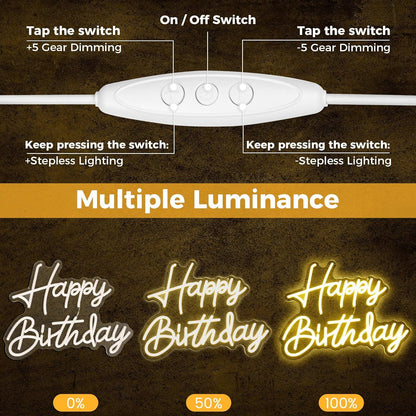 Happy Birthday Neon Sign, Cool Dimmable Light Up USB Powered LED Cute Neon Sign Light Warm White Hanging for Backdrop Wall Decor Child Girl's Bedroom Living Room Birthday Party Gift (Warm White)