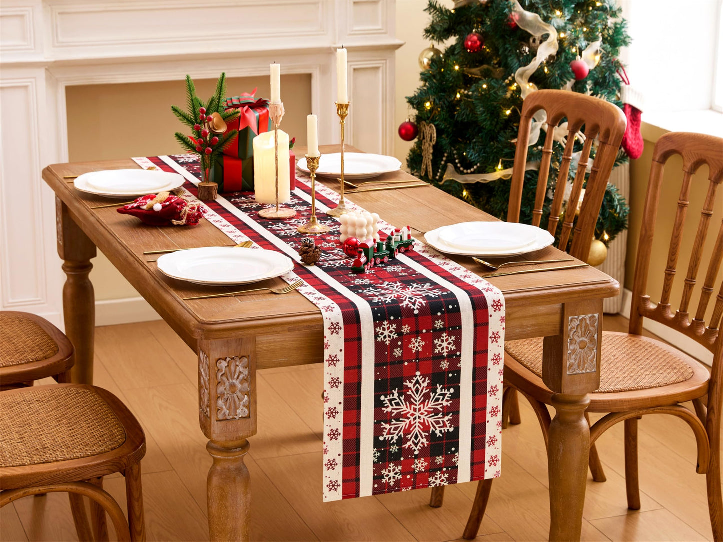 YATOJUZI Snowflake Table Runner - Christmas Red and Black Buffalo Plaid Table Runner Home Kitchen Dining Table Centerpieces Decorations for Christmas Xmas Holiday Party Decor 13"×72"