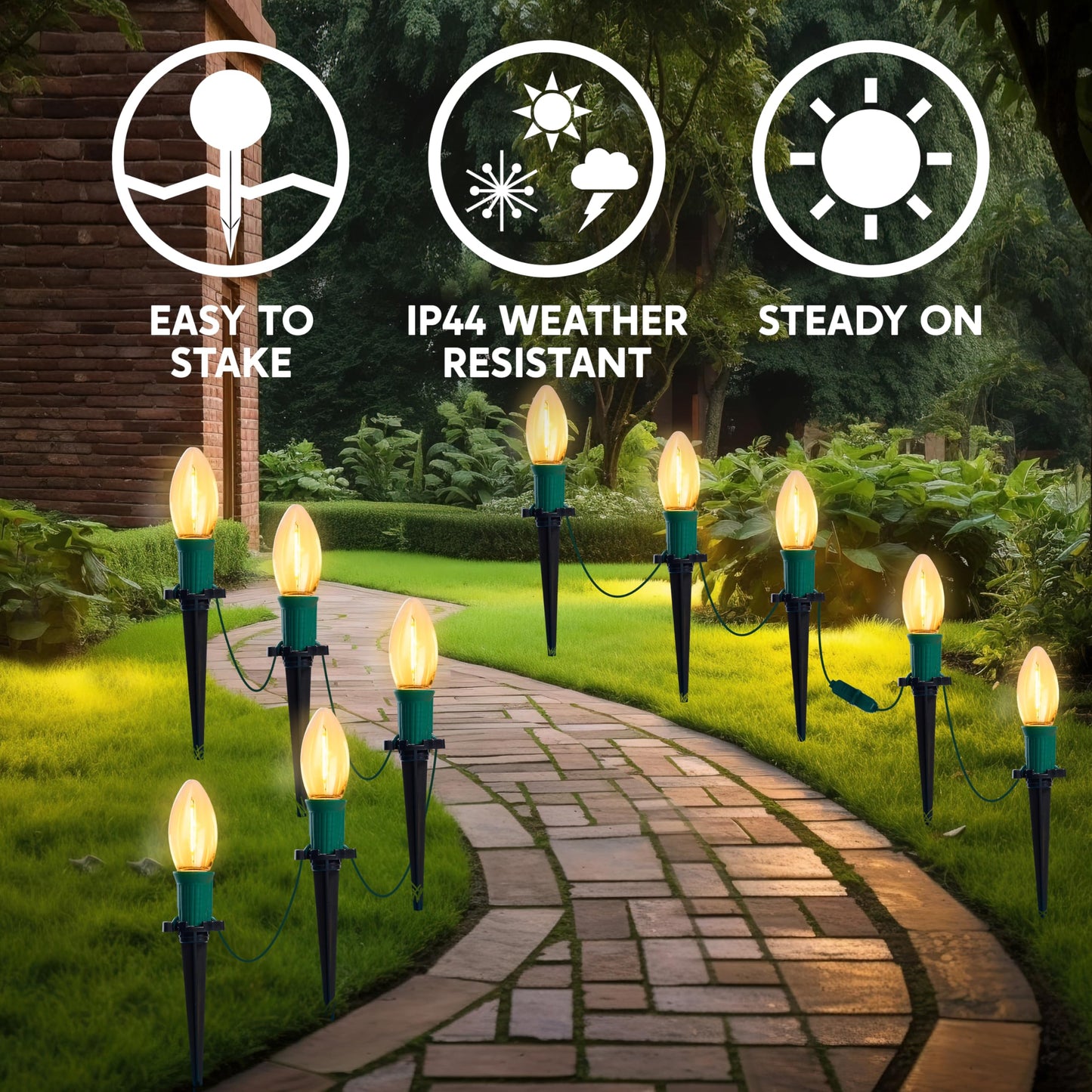 Joiedomi 24 Packs 30.75FT C9 Christmas Pathway Marker Lights, LED Warm White Waterproof Pathway Marker Outdoor Faceted Walkway Decor with Connectable for Holiday Xmas Yard Garden Lawn