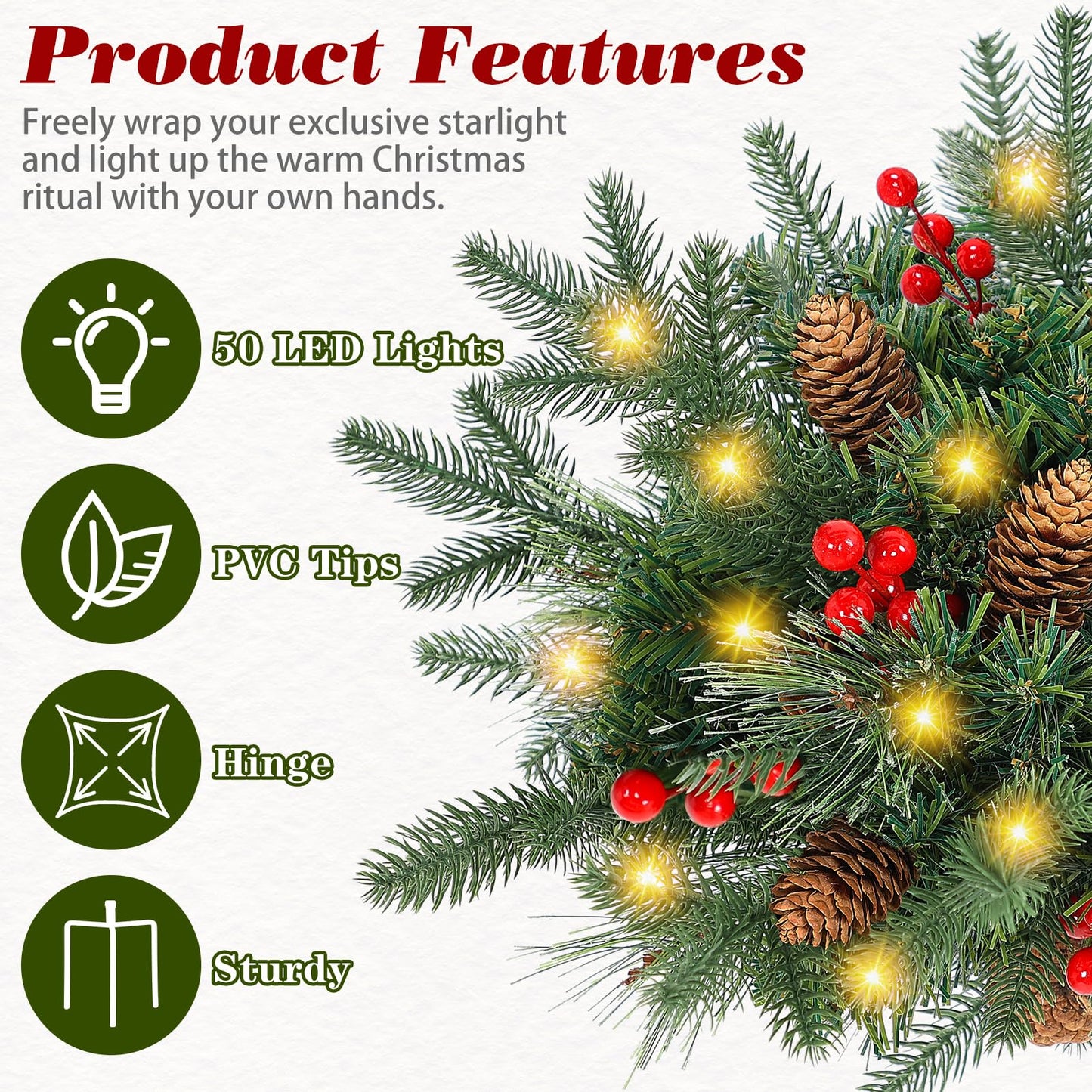 Lighted Artificial Christmas Urn Filler, 2 Pack Small Xmas Pine Tree Outdoor Decorations with Cones, Red Berries & 50 LED Lights, Light Up Planter Filler Decor for Porch Yard, Garden, Cemetery