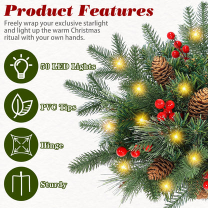 Lighted Artificial Christmas Urn Filler, 2 Pack Small Xmas Pine Tree Outdoor Decorations with Cones, Red Berries & 50 LED Lights, Light Up Planter Filler Decor for Porch Yard, Garden, Cemetery
