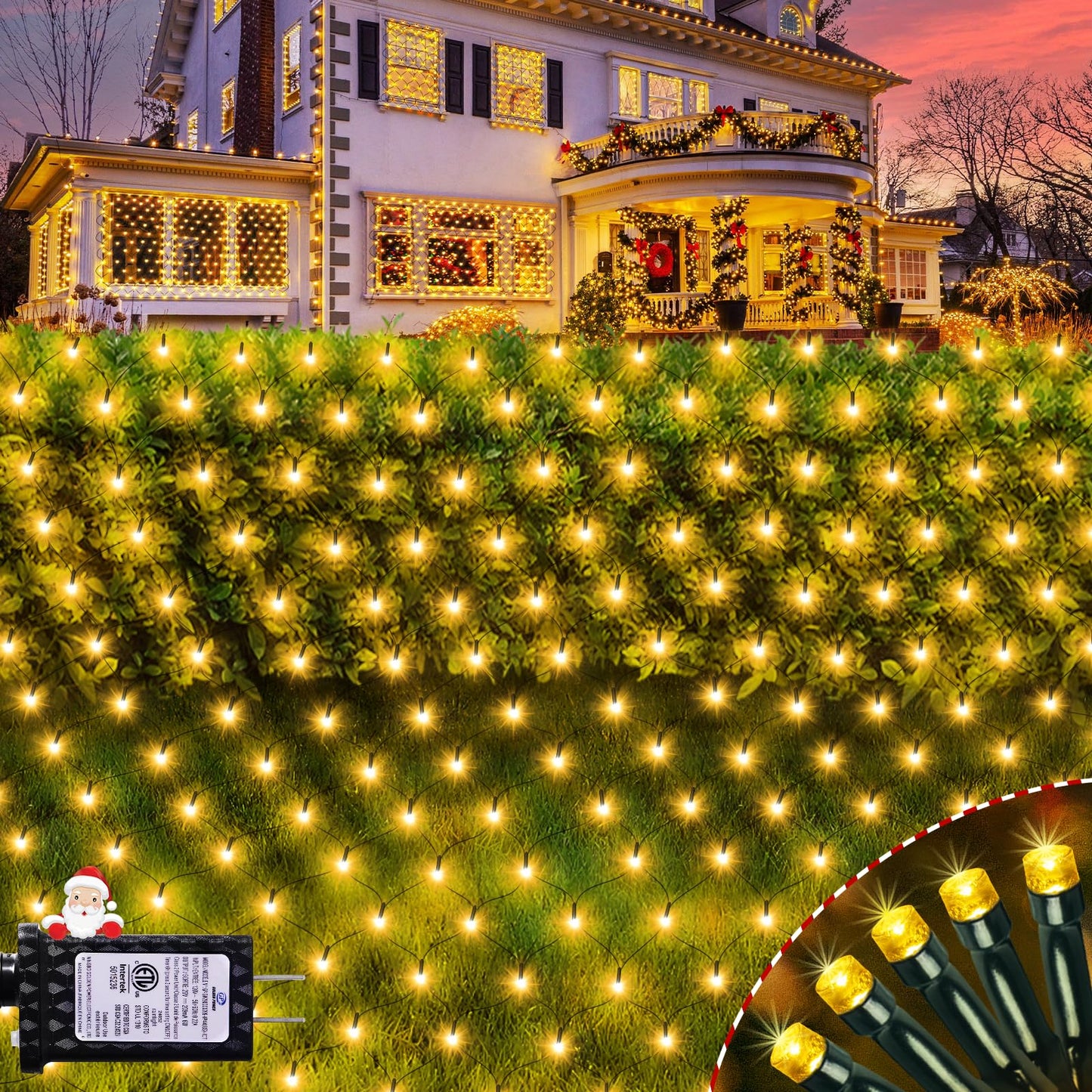 Hezbjiti Christmas Net Lights Outdoor 200 LED 6.9FT x 5.4FT Green Wire with 8 Modes, Connectable Plug in Waterproof, Timer Memory Function for Xmas Tree Bushes Porch Lawn Windows Decor（Warm White）