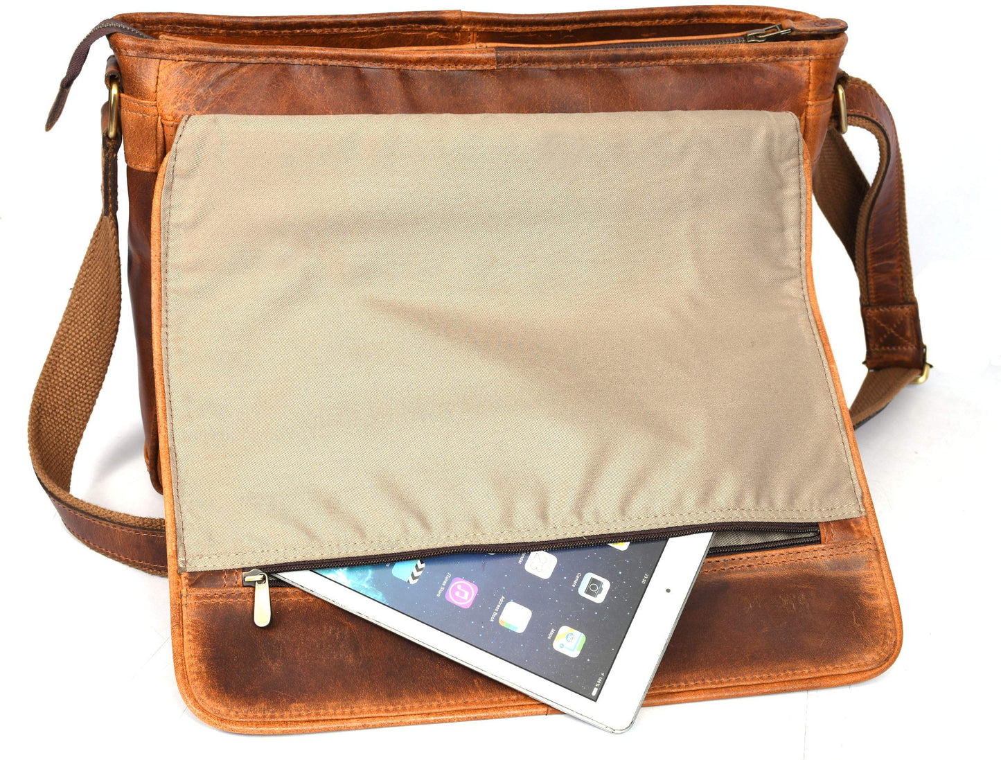 16" Crossbody Bag Leather Laptop Messenger Bag For Men with trolley sleeve for school office (Caramel)