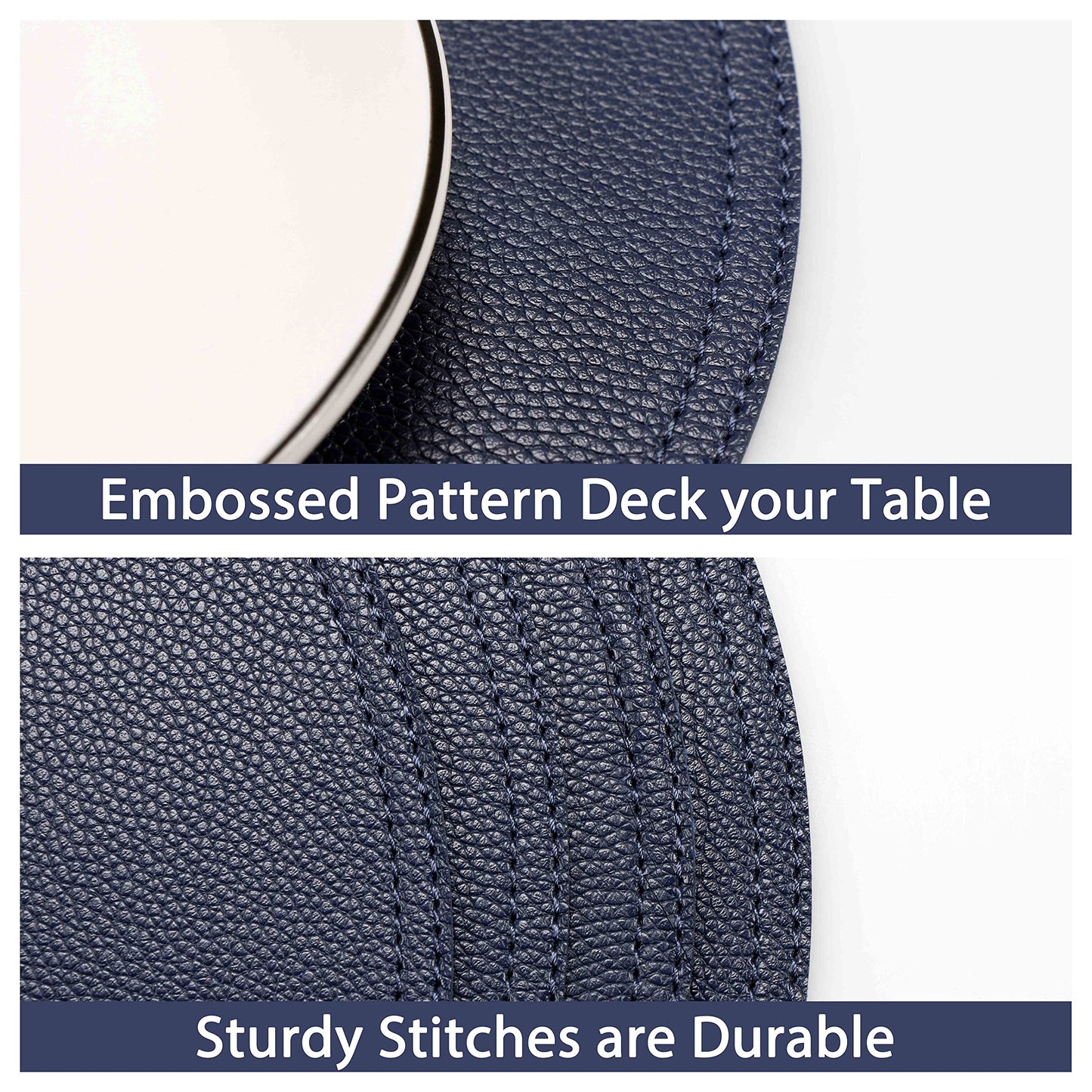 Jovono Navy Faux Leather Round Placemats and Coasters, Coffee Mats Kitchen Table Mats, Waterproof, Easy to Clean for Round Table, Dining Table