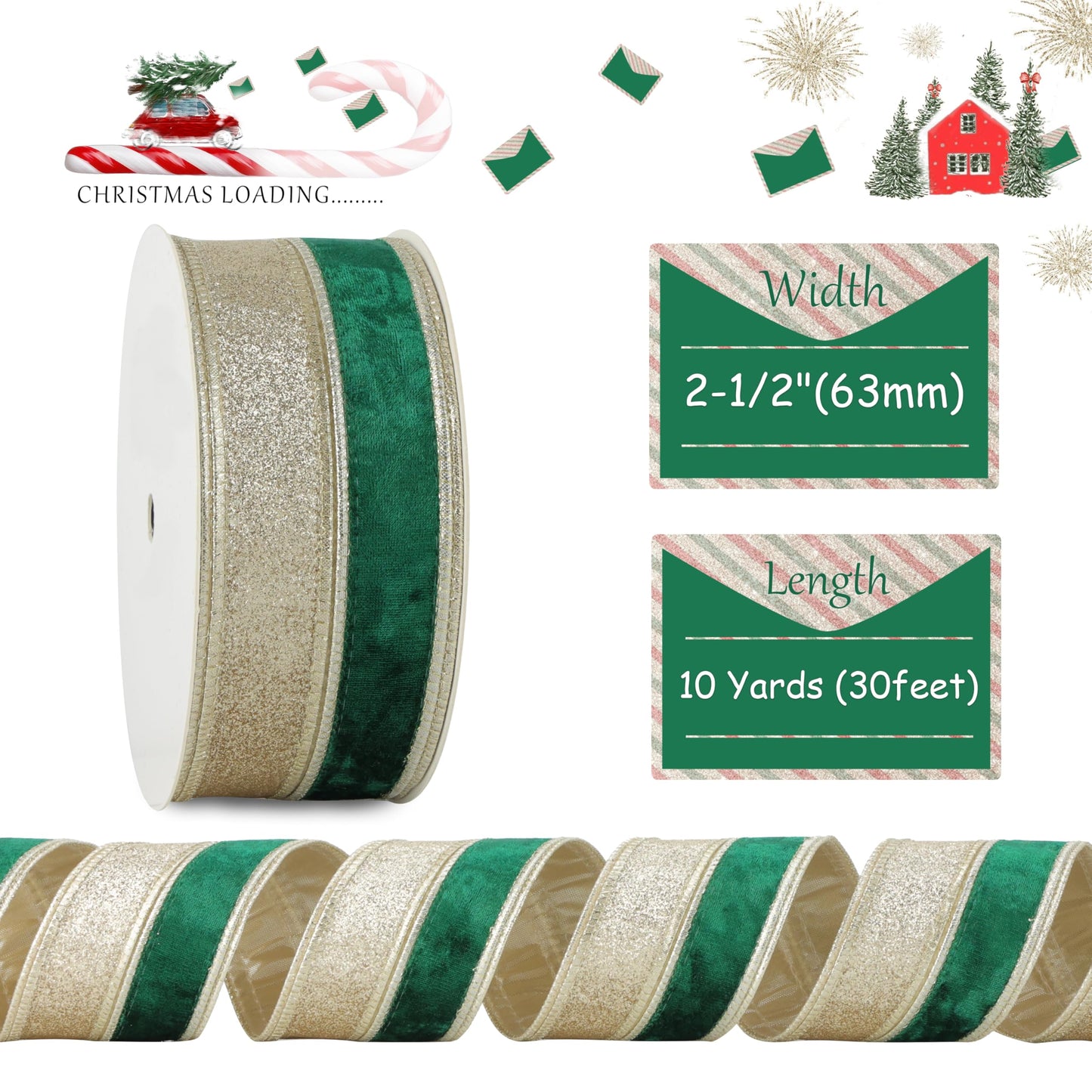 DINDOSAL Green Velvet Wired Ribbon, 2.5 Inch x 10 Yards