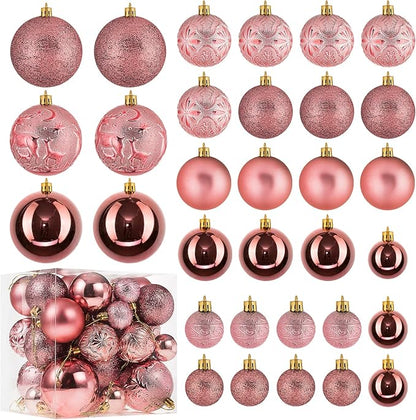 Senjie Rose Gold Shatterproof Christmas Ornaments, 32 Pcs, Plastic, Hanging, Christmas, Wedding