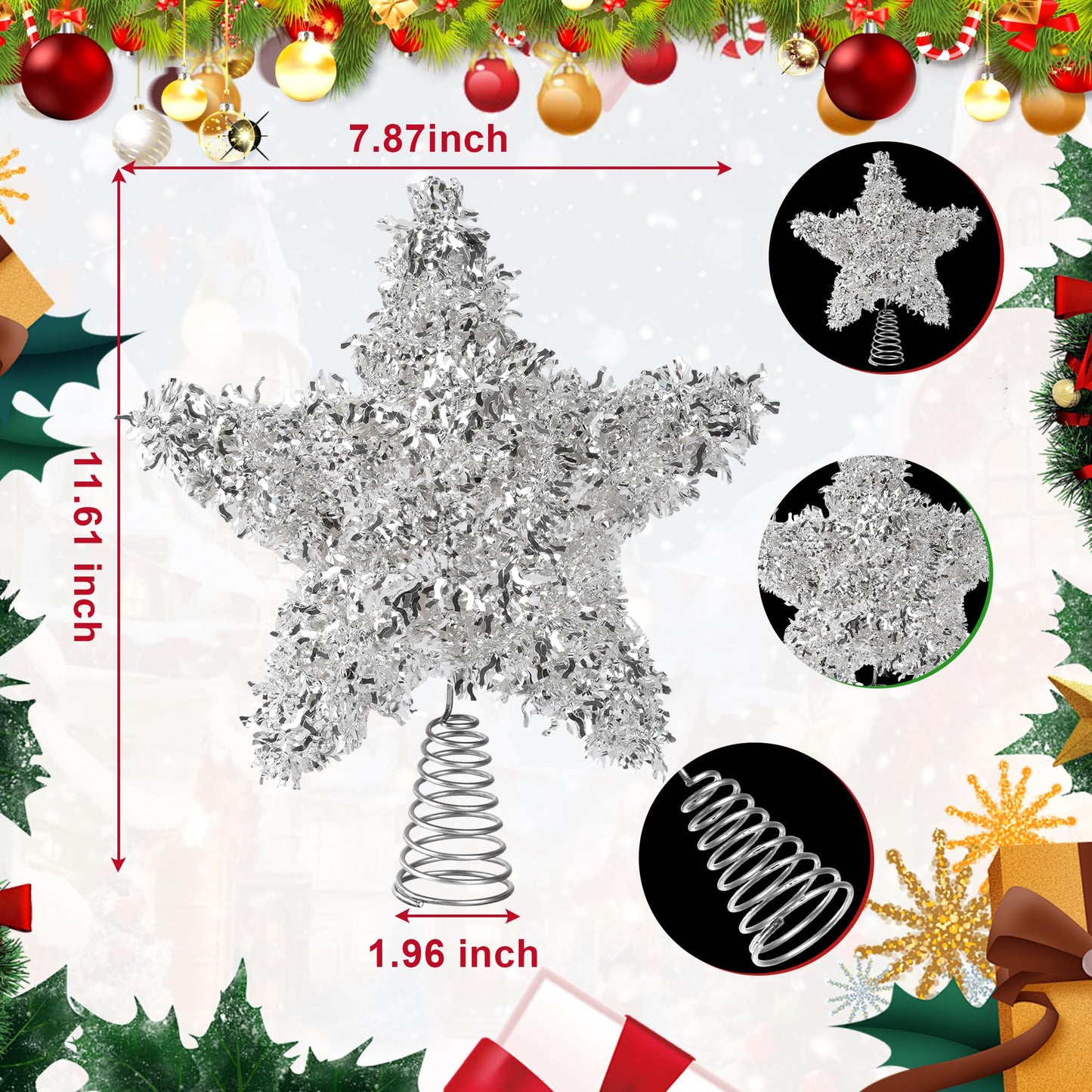 LAWOHO Christmas Tree Topper Star, Exquisite Christmas Decor, 10 Inch Shiny Silver Christmas Tree Decoration with 6H Timer, 20 Warm LED Lights for Xmas Tree, Holiday & Party, Indoor Decor