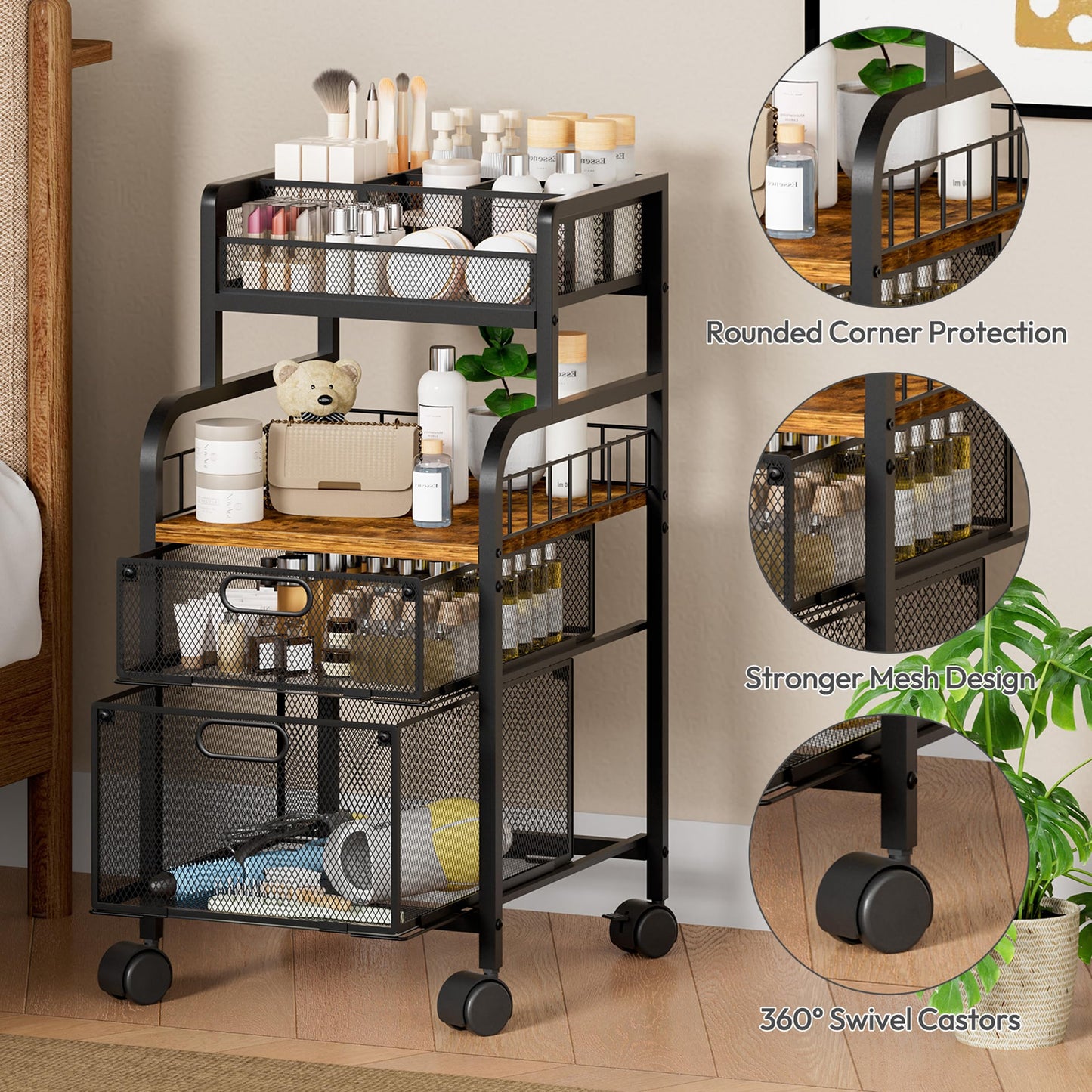 SWTYMIKI Rolling Cart with Drawers - Metal Utility Cart with Wood Shelf, DIY Divider and Locking Wheels, Craft & Art Cart Organizer for Under Desk Storage for Home Office Studio, Espresso