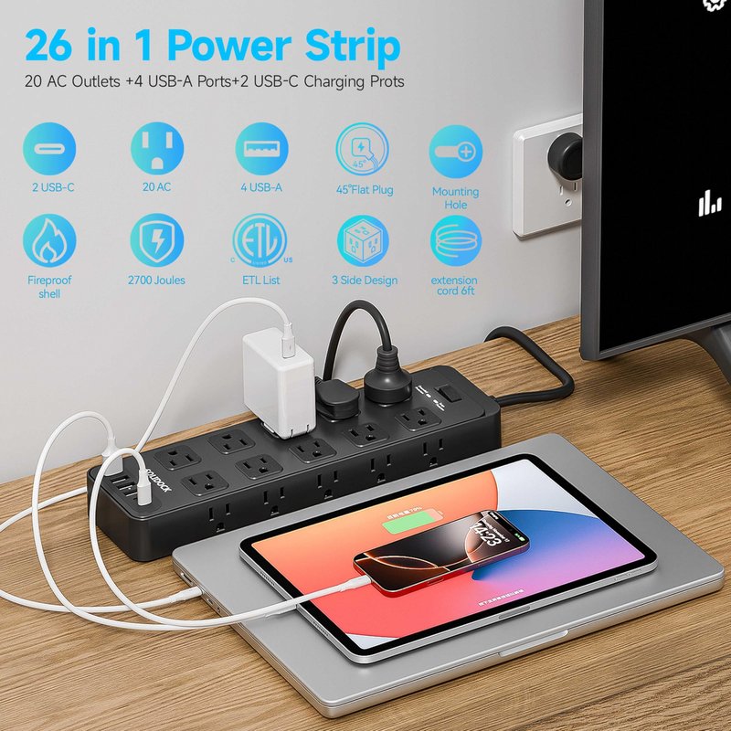 Solidock 20AC Power Strip with USB Ports, Heavy Duty Surge Protector Power Strip 15 Amp, 6Ft Extension Cord with Multiple Outlets