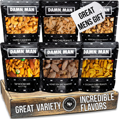 Gourmet Nut Gift Box for Men - 6 Unique Handcrafted Snacks, Ideal Gift for Dad, Birthday, or a Bold Snack Adventure