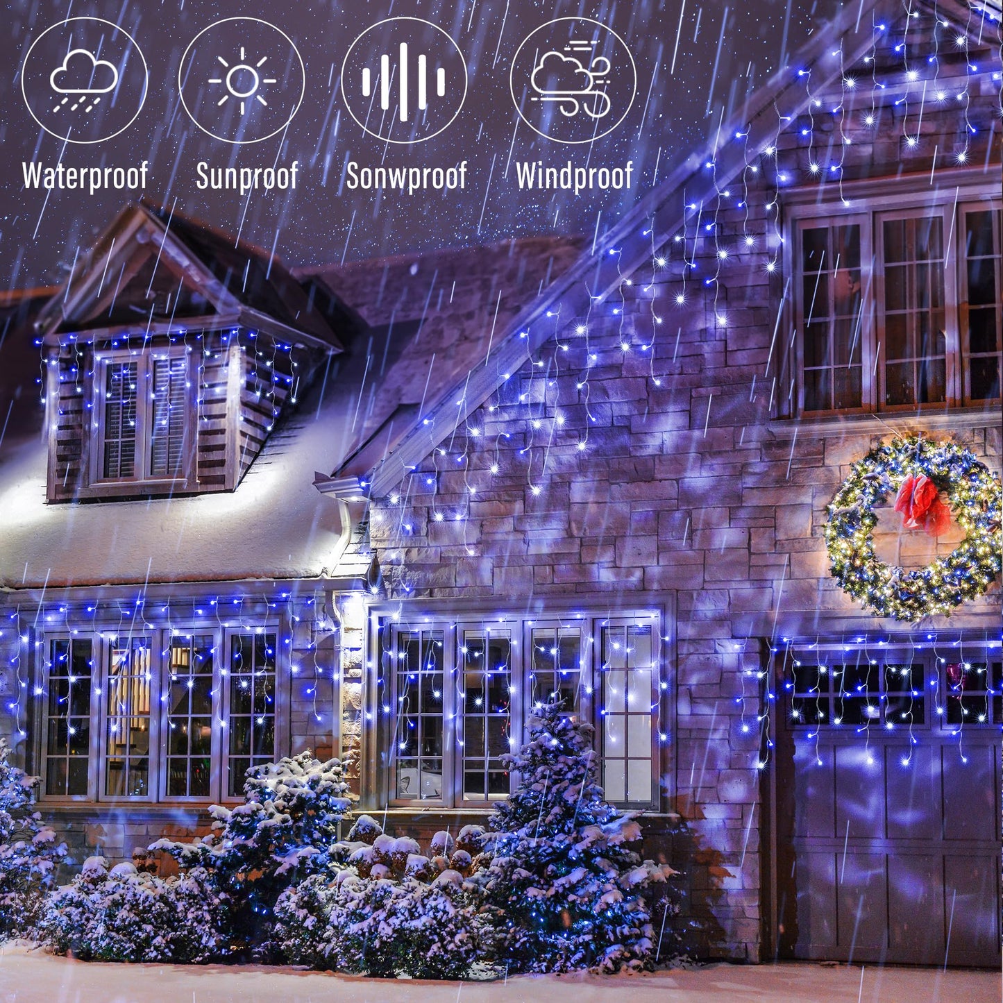 Joomer Christmas Icicle Lights - 33FT Plug in String Lights Waterproof, 8 Modes Timer Connectable Outdoor String Light for Christmas Party, Eaves, Roofs, Xmas Decorations (White+Blue)