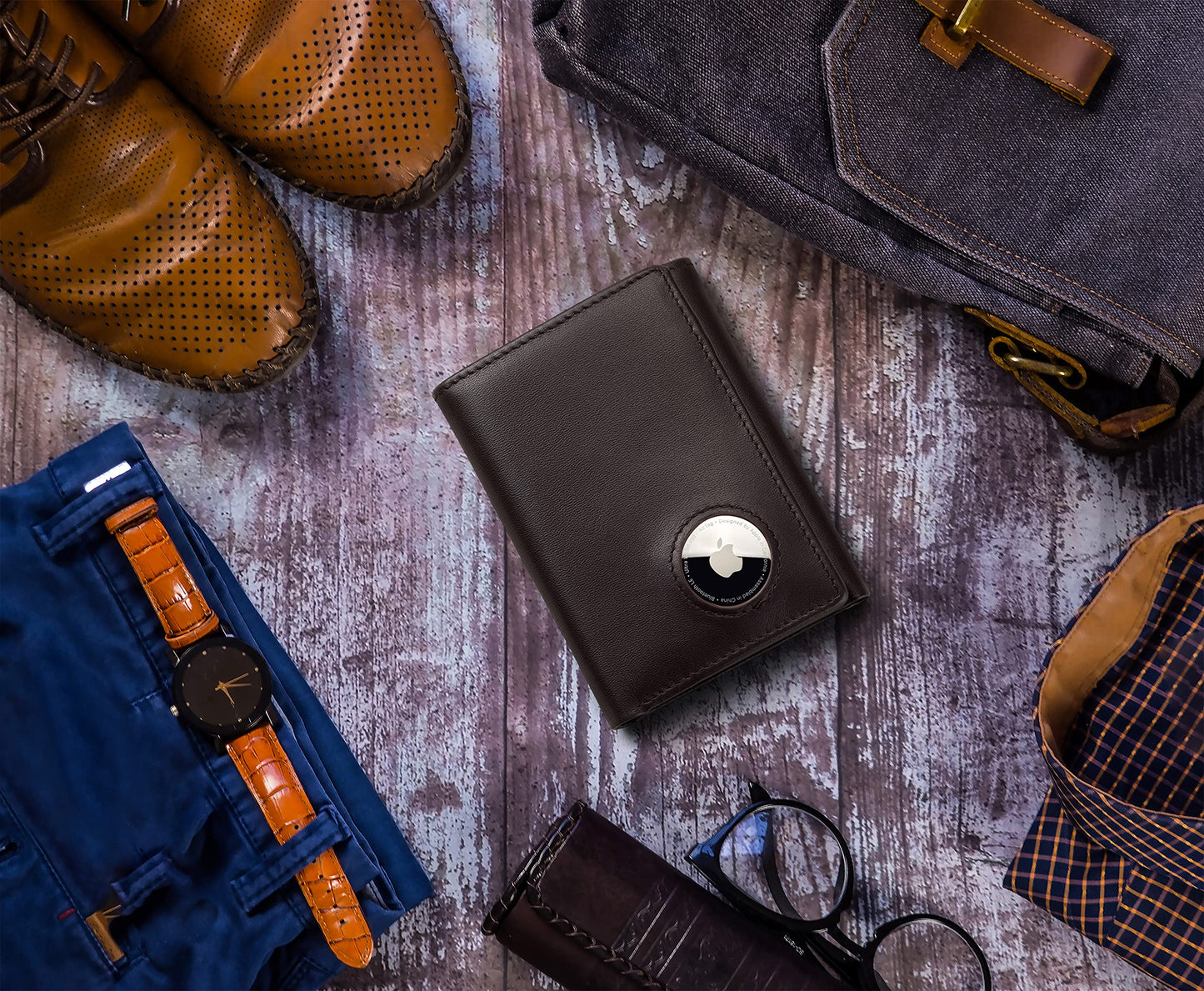 Stealth Mode Men's Leather Trifold Wallet with Airtag Holder and RFID Blocking (Coffee)