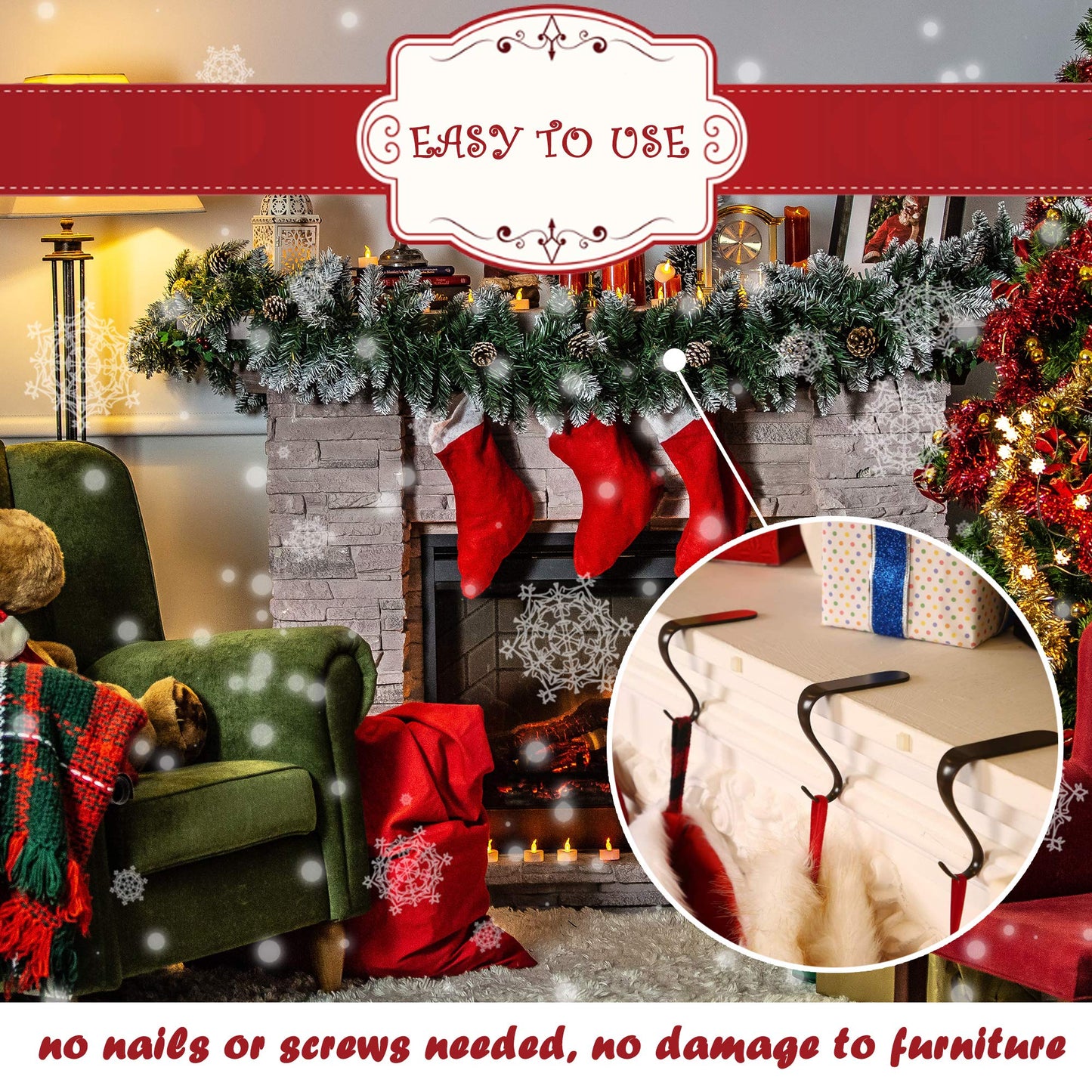 Originalidad Christmas Stocking Holders Metal Fireplace Stocking Hook Garland Mantle Hook for Christmas Decoration (4 Pack)