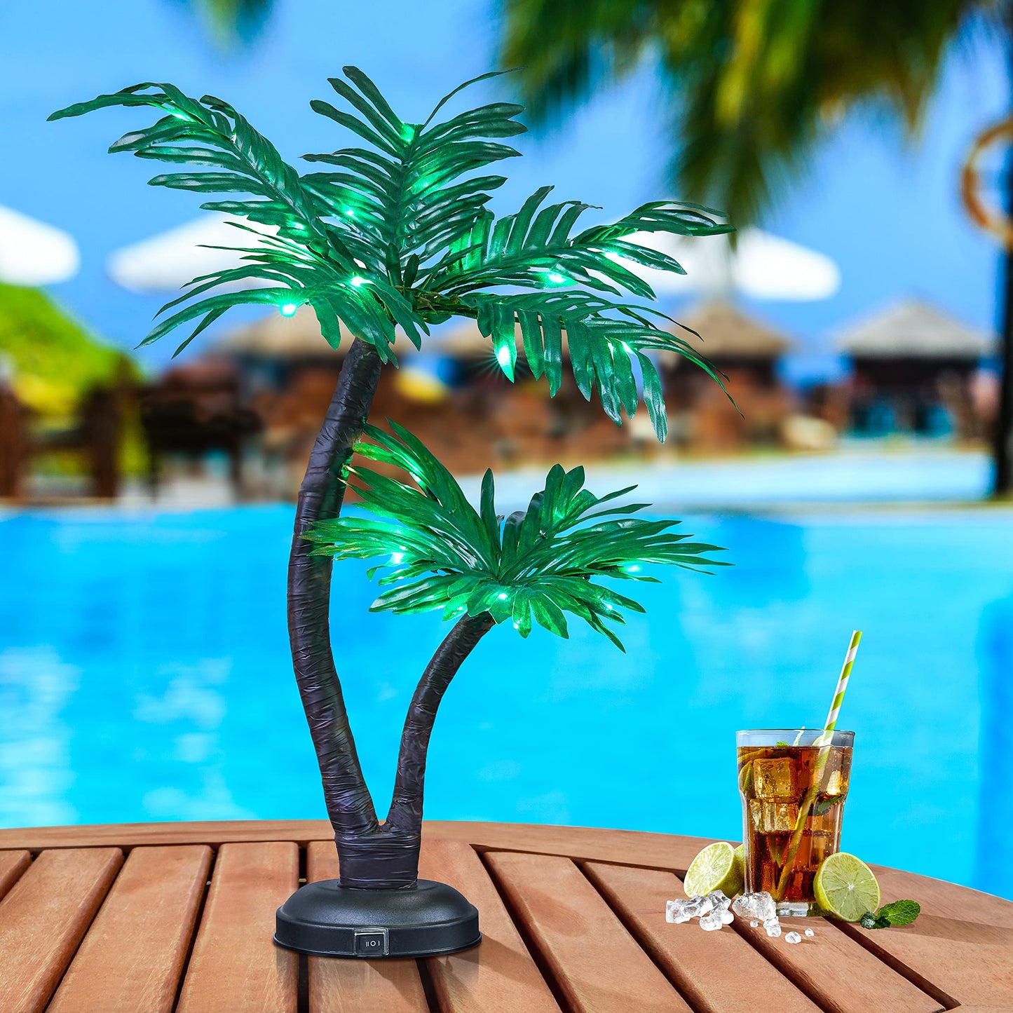 LIGHTSHARE 24Inch Twins Palm Tree Bonsai 25LED Lights,Green Light,Battery Powered or Plug-in Adapter (Included), Built-in Timer