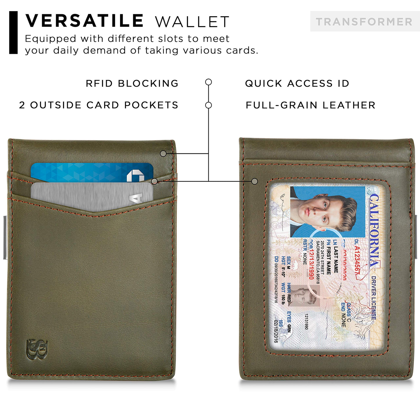 SERMAN BRANDS Money Clip Wallet - Mens Wallets slim Front Pocket RFID Blocking Card Holder Minimalist Mini Bifold (Salted Green Transformer)
