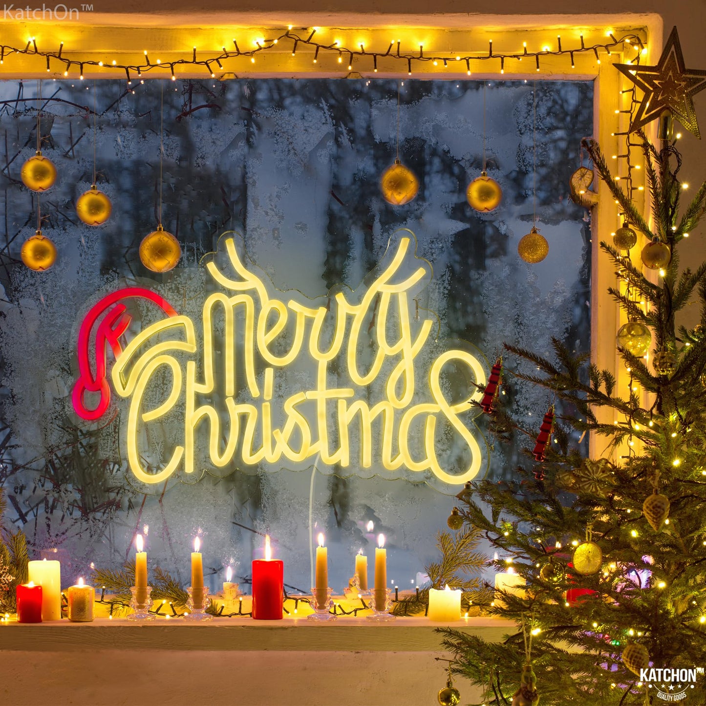 KatchOn, Large Merry Christmas Neon Signs - 16x10 Inch | Window Christmas Decorations Indoor | Xmas Party Decorations, Holiday Decor | Santa Hat Sign USB Powered LED Lights