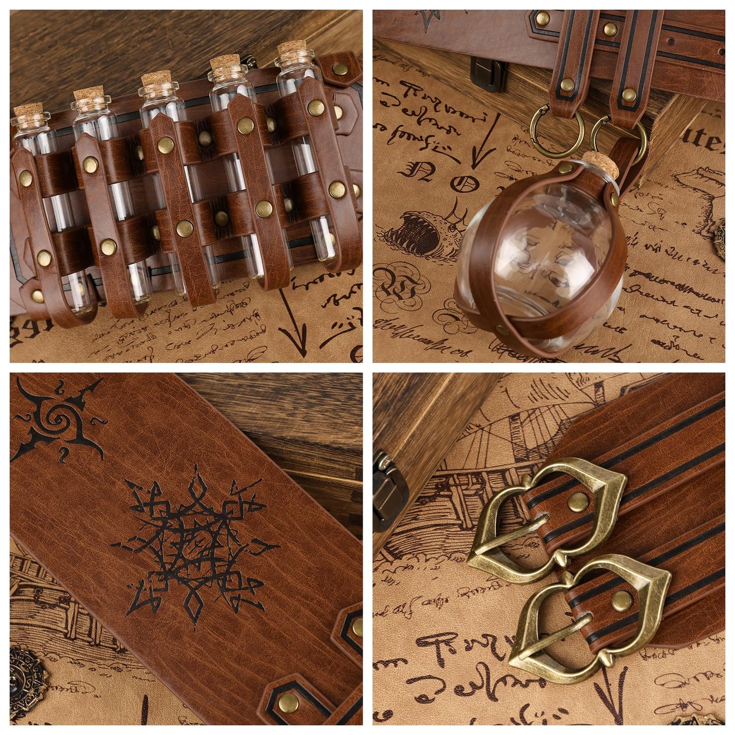 HiiFeuer 5PCs Medieval Faux Leather Alchemy Wide Belt with Skirt Hike Potion Vials Glass Bottle, Fantasy Corset Belt Cosplay (Brown A)