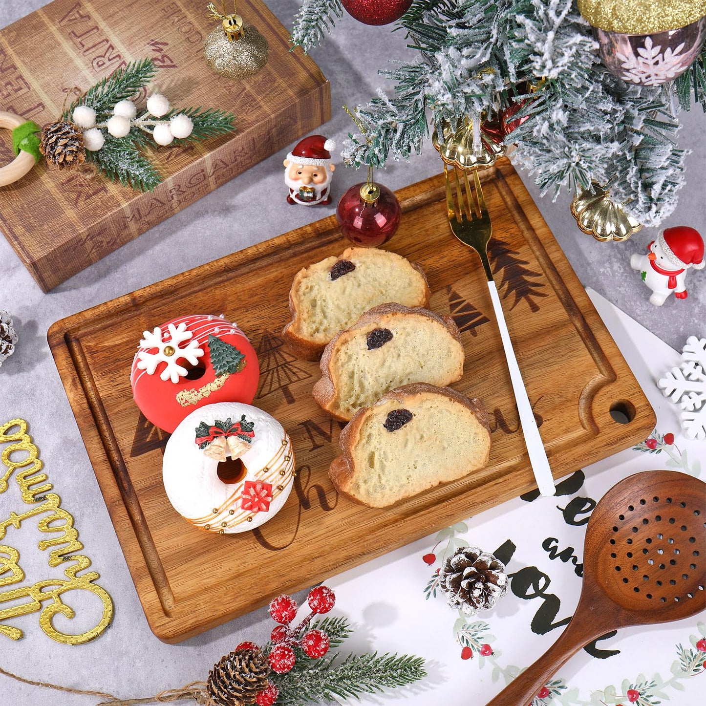 JarThenaAMCS Merry Christmas Wood Cutting Board Xmas Tree Kitchen Chopping Charcuterie Board Serving Platter Tray Dessert Candy Dish for Winter Home Party Gift Decor