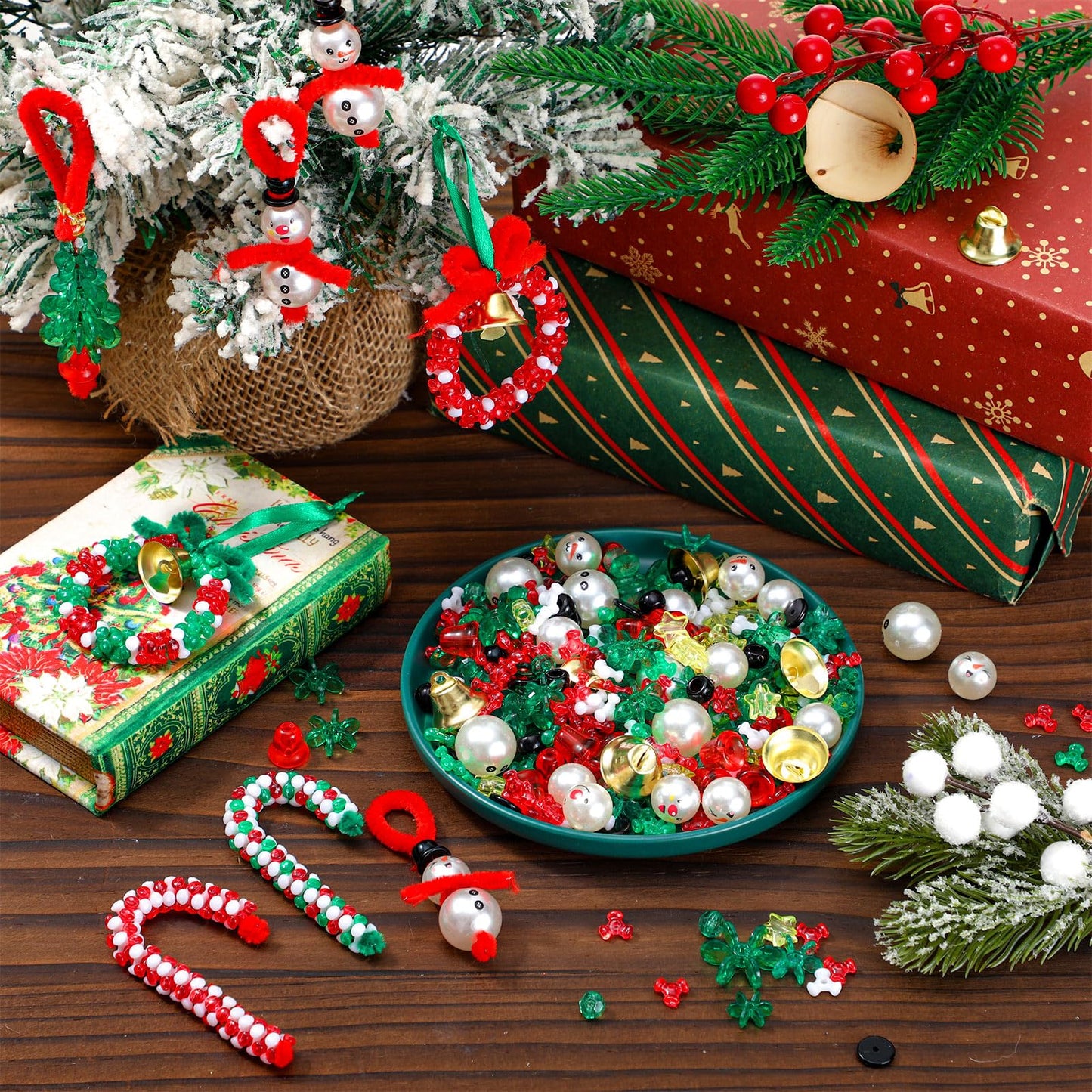 Yuxung 120 Sets Christmas Crafts for Adults Beaded Ornament Kit Including 30 Snowmen 30 Christmas Trees 30 Wreaths 30 Candy Canes for Xmas Tree Christmas Party DIY Decorations (Assembly Needed)