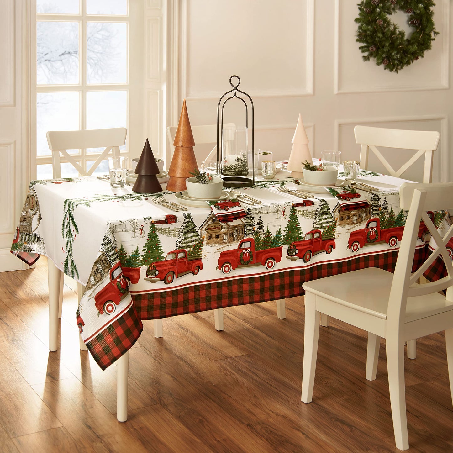 Elrene Home Fashions Vintage Truck Christmas Tree Farm Wrinkle Resistant Tablecloth, 60"X144", Rectangle