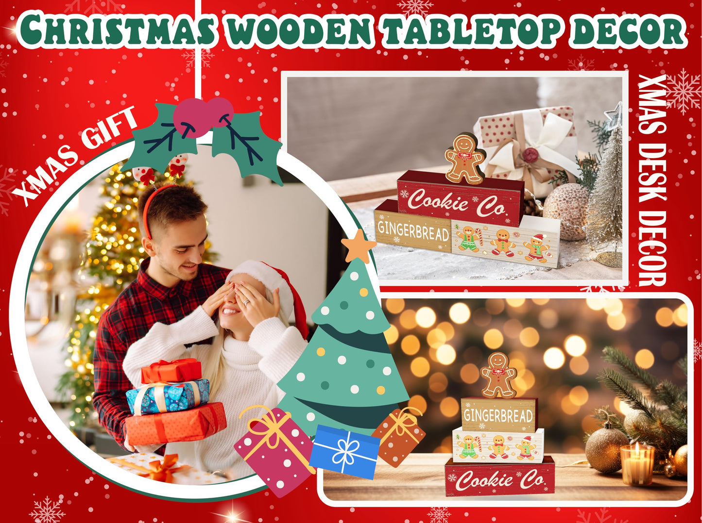 4 Pcs Gingerbread Christmas Decor, Cookie Co Table Decorations, Christmas Tiered Tray Desk Decor Gifts, Winter Wooden Xmas Stack Block Signs Table Centerpiece for Farmhouse Office -A15