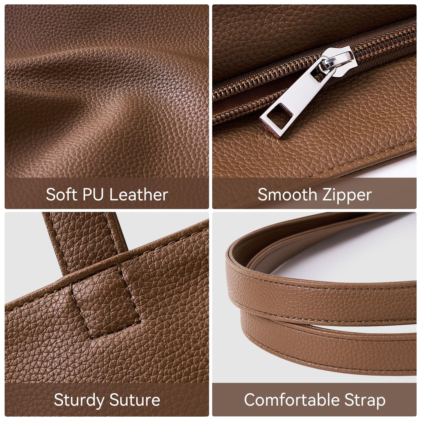 WLLWOO Soft Vegan Leather Tote Bag for Women Large Casual Hobo Handbags Zipper Shoulder Work Daily Weekender Travel Purse, Coffee