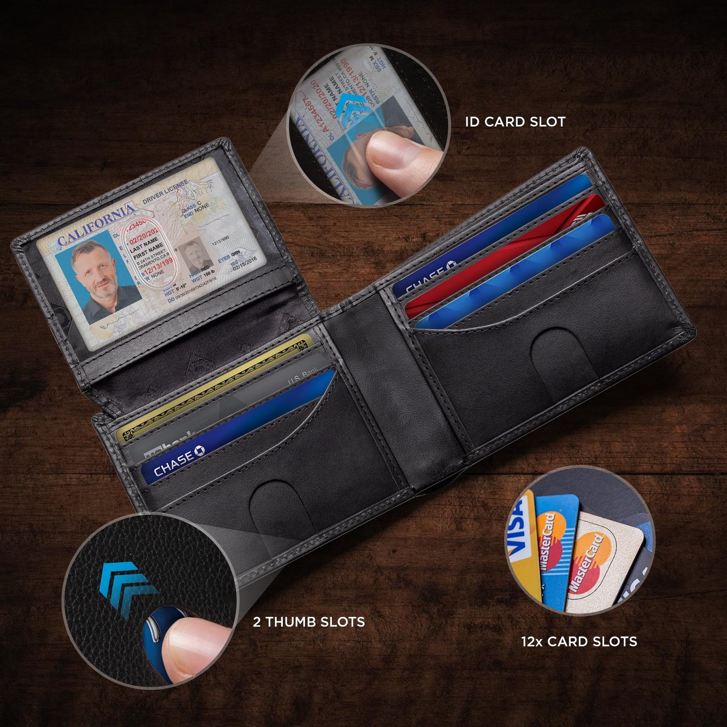 Full Grain Leather Wallet for Men | RFID Blocking | Extra Capacity Bifold Wallet with ID Windows | Ultra Strong Stitching | Slim Billfold with 13 Card Slots | Gift for Him (Charcoal Black Venture)