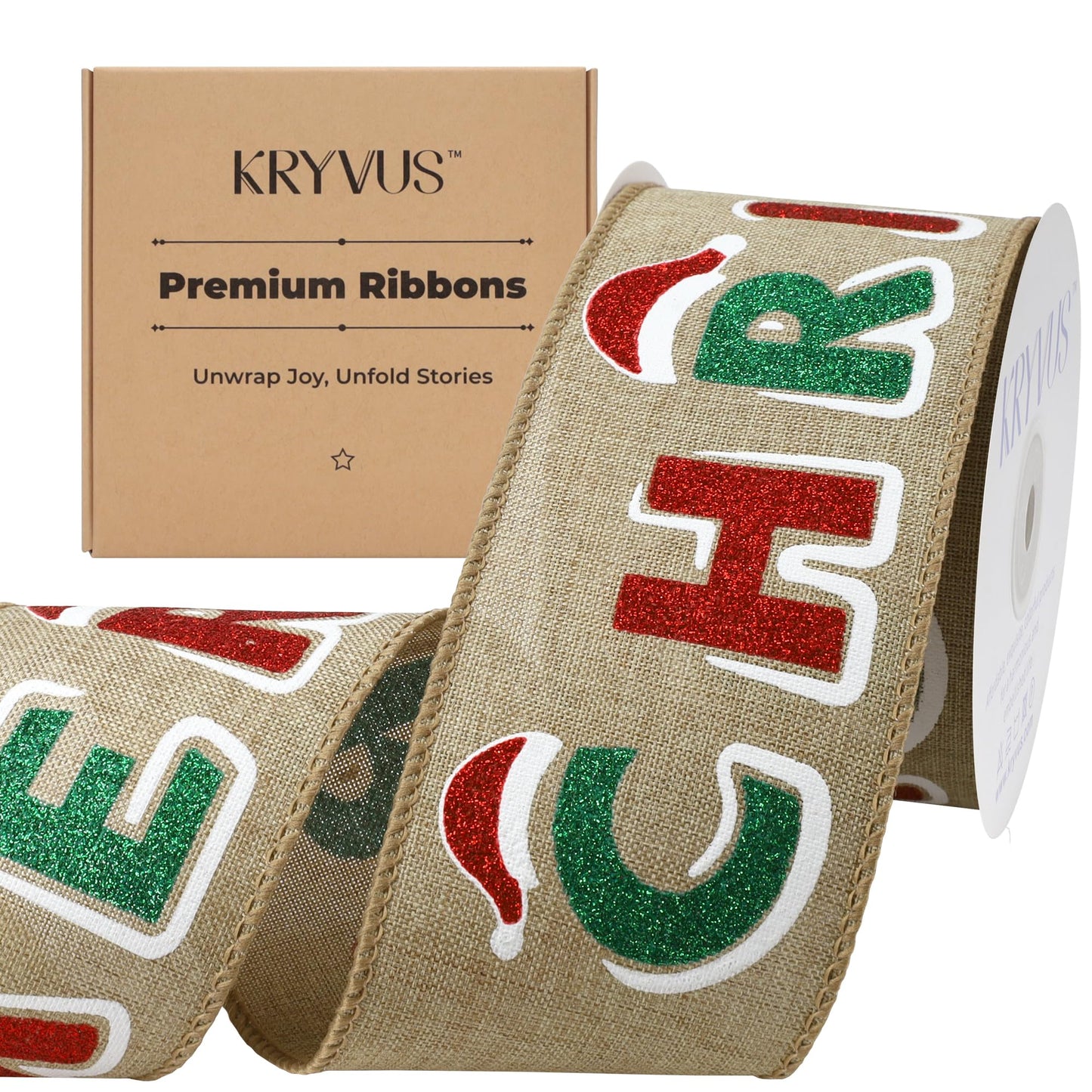 Kryvus Christmas Wired Ribbon, 2.5 Inch x 10 Yards Merry Christmas Ribbon for Wreaths, Tree Decorations, Gift Wrapping and Holiday Crafts, Natural Linen Ribbons with Wired Edge