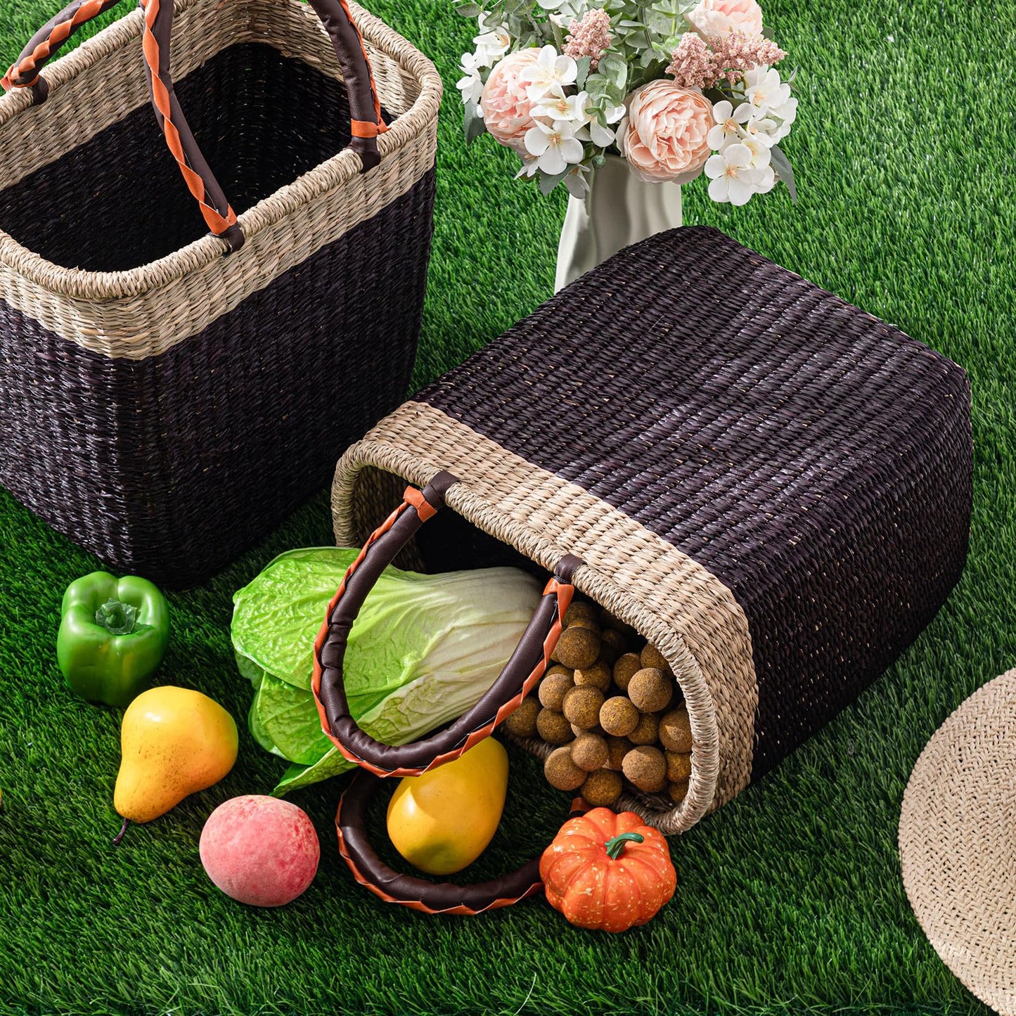 Briwooody 2 Pack Large Wicker Picnic Basket with Leather Handles Reinforced Edge & Base Multi-functional Farmer Grocery Bolga African Bag Storage for Market, Picnic, Easter, Camping, Home Organization