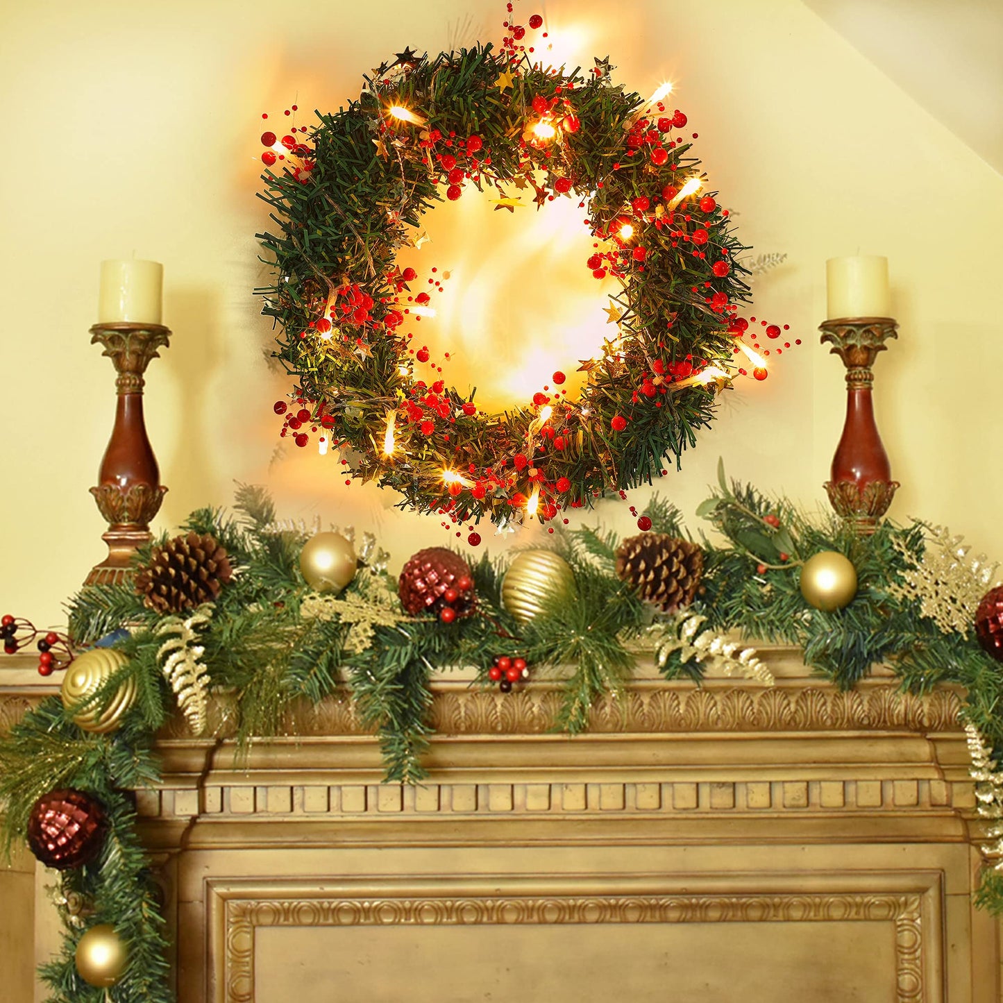Mosoan 10FT 30 LED Christmas String Lights Battery Operated, 2 Light Modes Xmas Lighted Red Berry Garland for Christmas Tree Fireplace Decoration Indoor