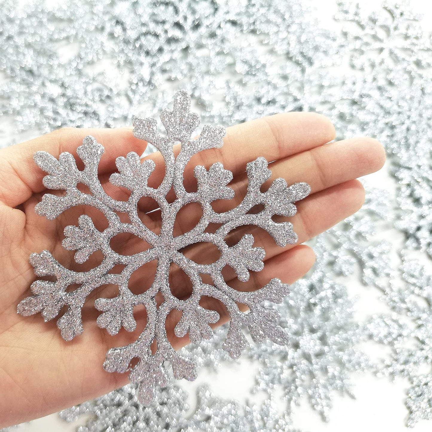 36 Pack Silver Snowflake Ornaments Plastic Glitter Snow Flakes Ornaments for Winter Christmas Tree Decorations Size Varies Craft Snowflakes