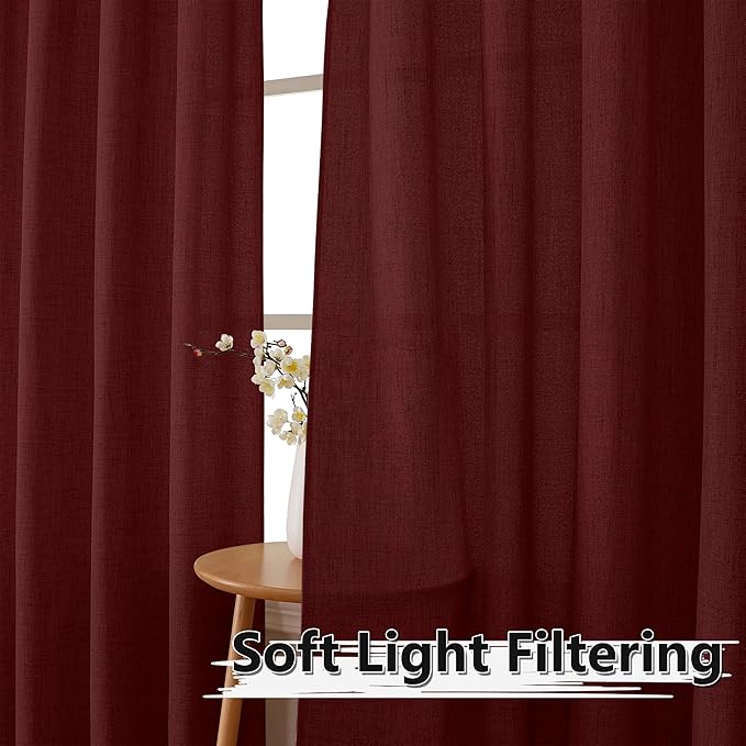 Tollpiz Short Linen Curtain Living Room Rod Pocket Semi Sheer Curtains Burlap Light Filtering Thick Linen Drape for Bedroom, 54 x 45 inches Long, Burgundy Red, Set of 2 Panels