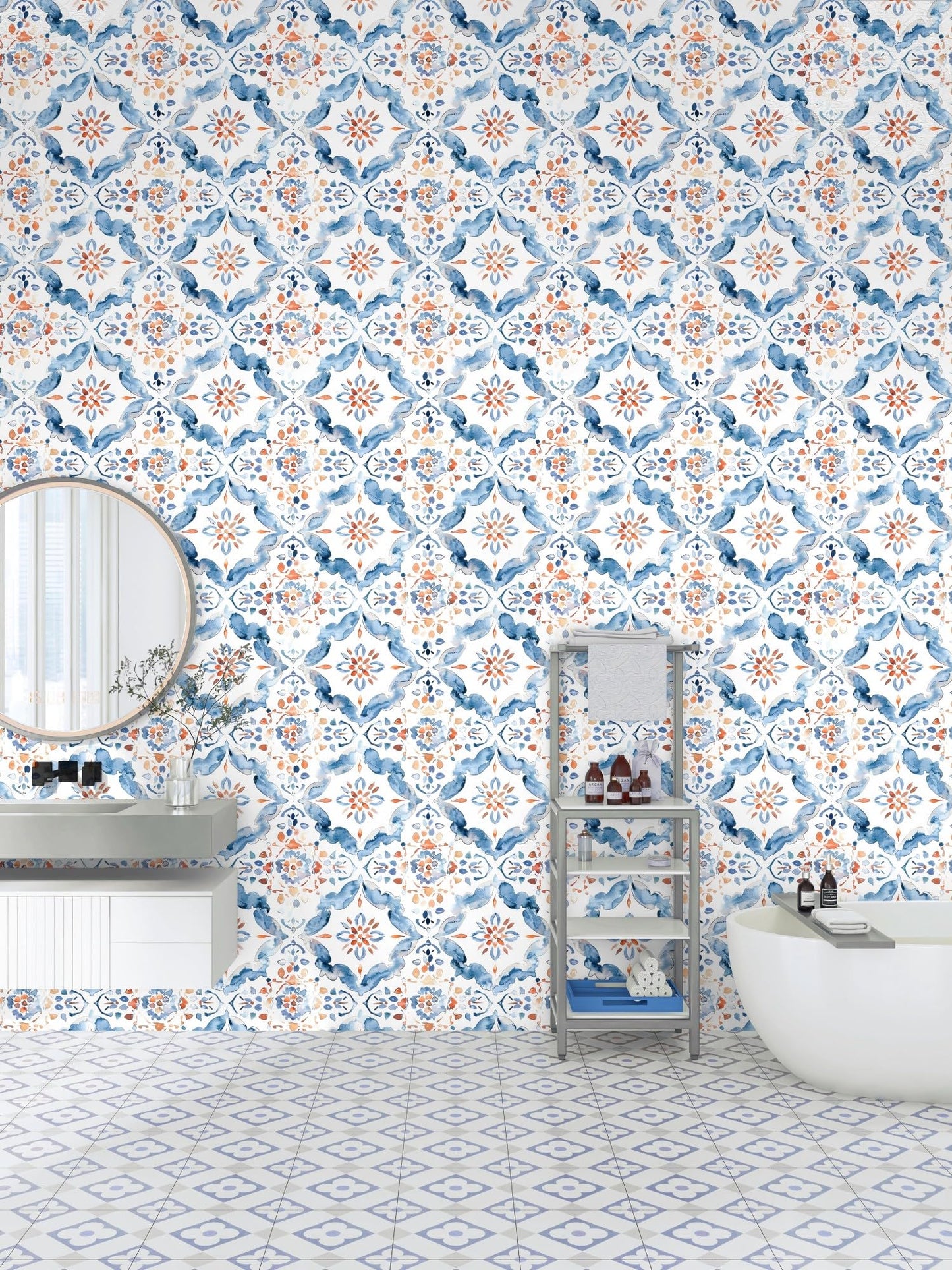 HAOKHOME Geometric Peel and Stick Wallpaper Tile Blue/White/Red Floral Damask Removable Wall Paper Modern Home Decor for Kitchen Backsplash 17.3in x 118in