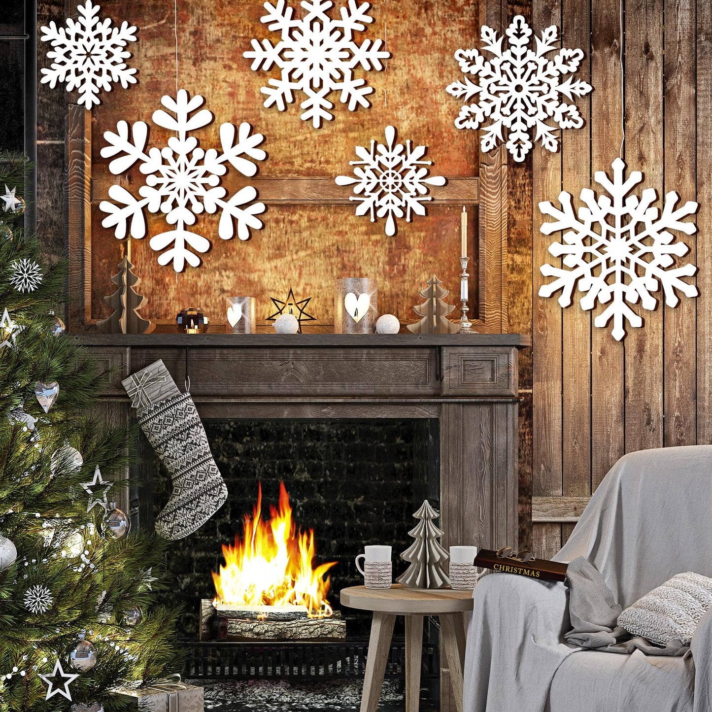 Whaline 6 Pcs Christmas Snowflake Wooden Wall Decor White Snowflake Shaped Wood Wall Art Sign with Hook for Home Farmhouse Xmas Winter Hanging Ornament