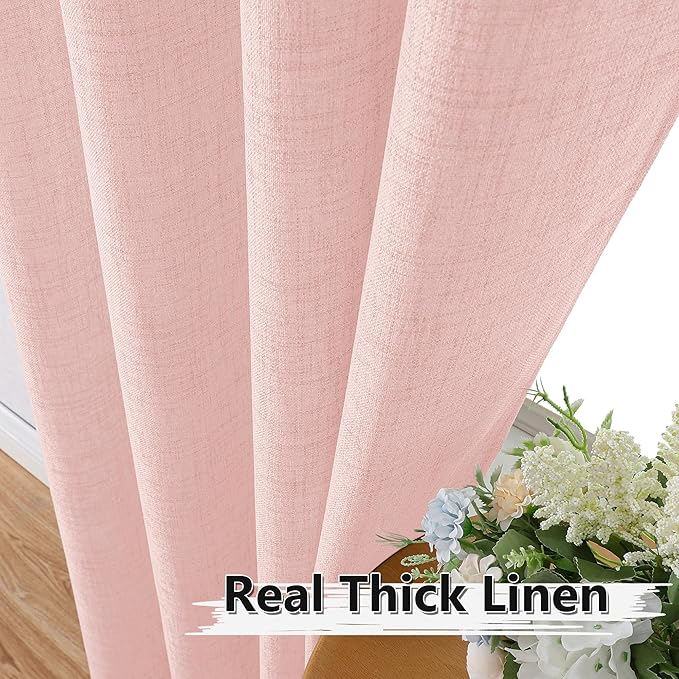 Tollpiz Linen Curtains Bedroom Rod Pocket Semi Sheer Curtain Burlap Light Filtering Thick Linen Drapes for Living Room, 54 x 84 inches Long, Pink, Set of 2 Panels