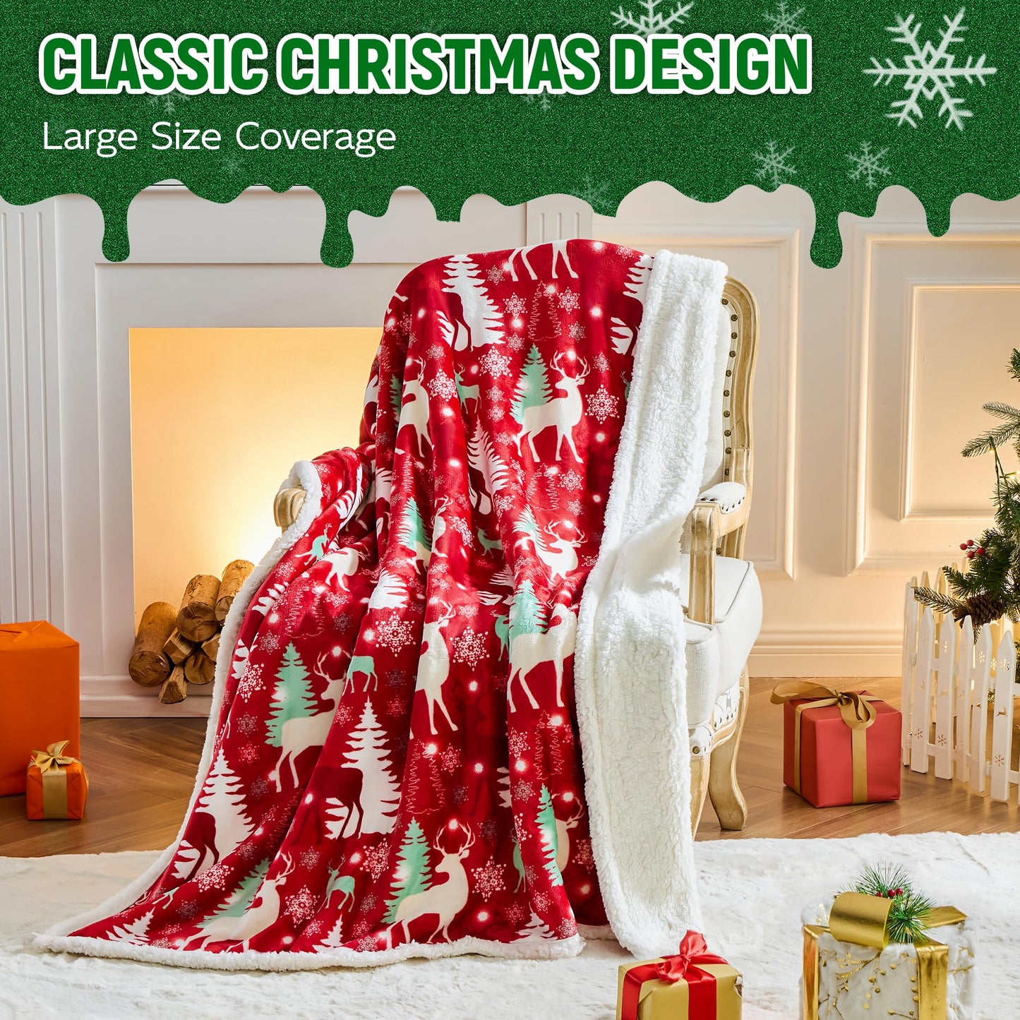 NORD ECO Christmas Throw Blanket, Christmas Decorations Gifts for Women, Sherpa Flannel Fleece Winter Holiday Blanket, Fluffy Cozy Soft Christams Throws for Couch Sofa Bed, DoubleDeer, 50" X 60"